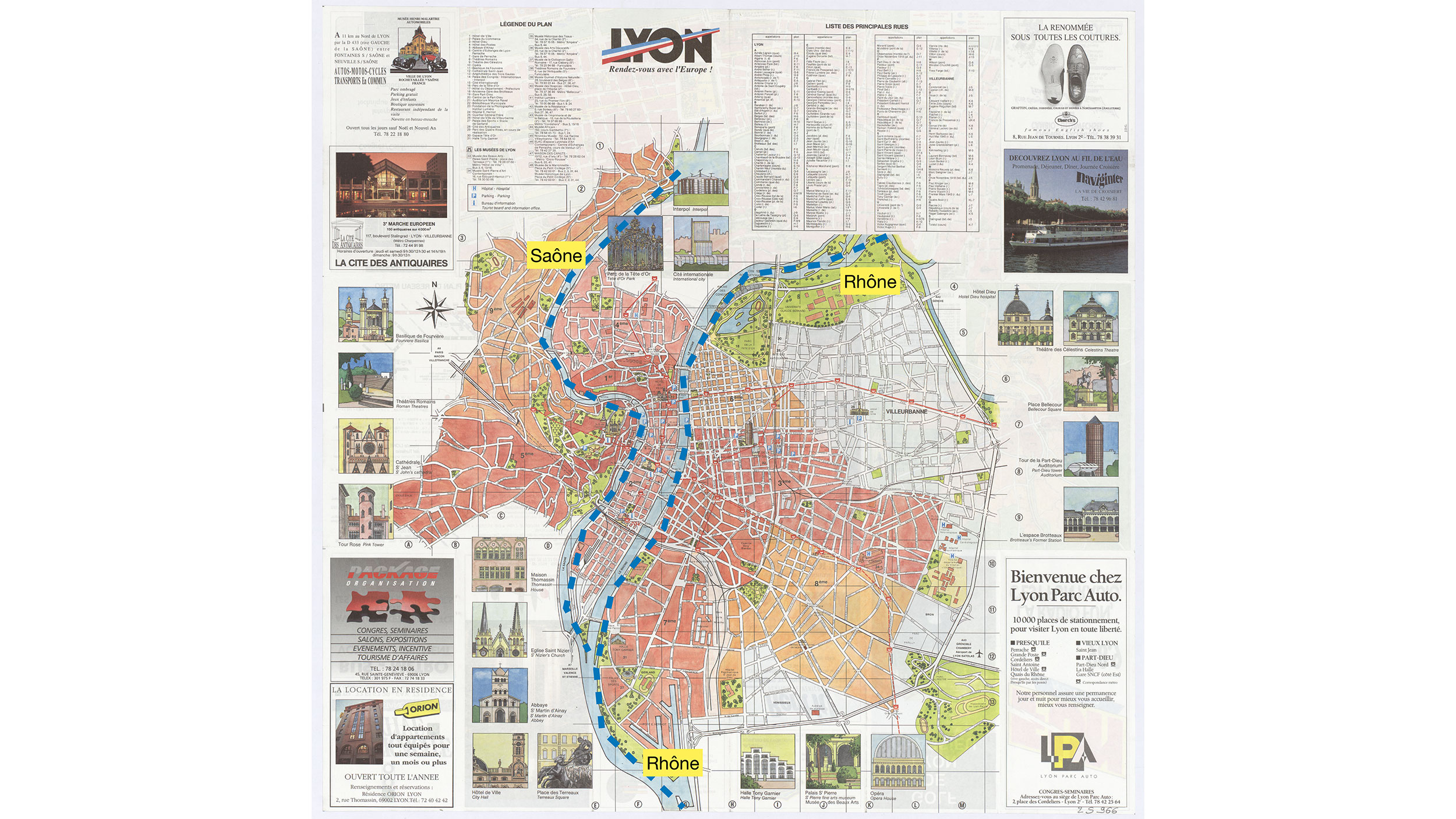 Carte repères du plan touristique de Lyon en 1991