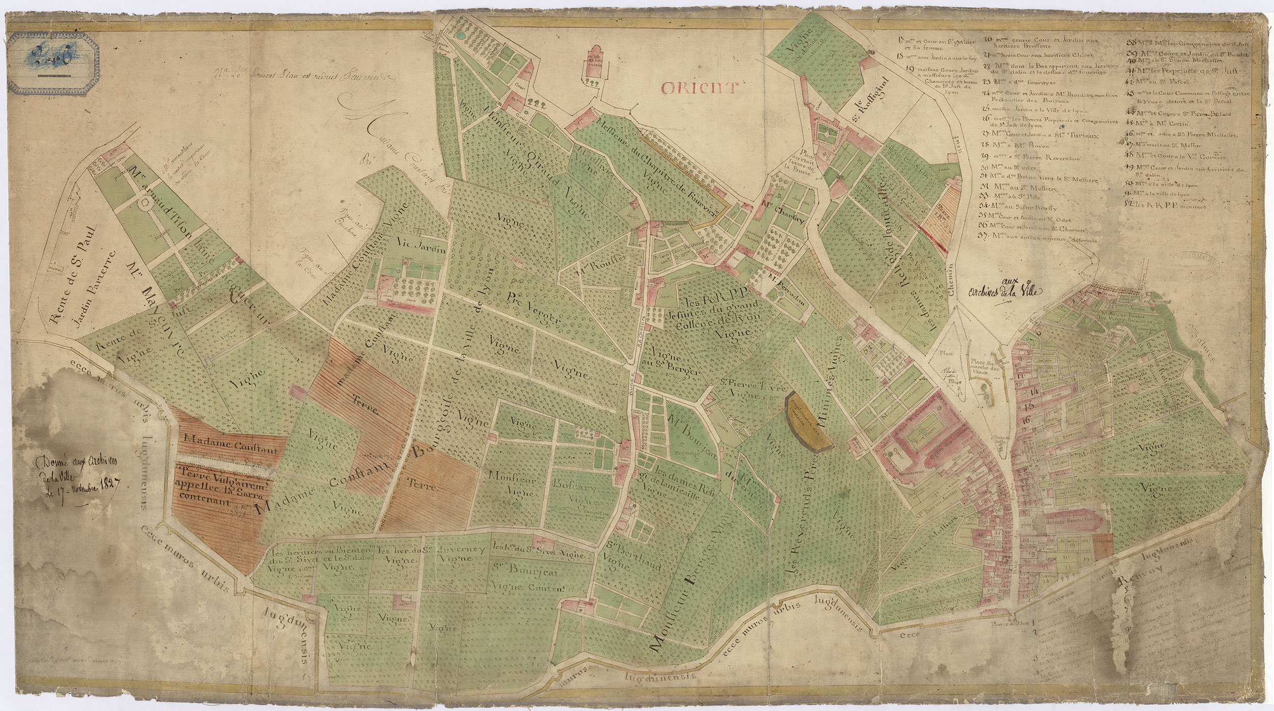 Quartiers de Fourvière et Saint-Just : plan manuscrit couleur par Chevallard (1767, cote : 2S/57)