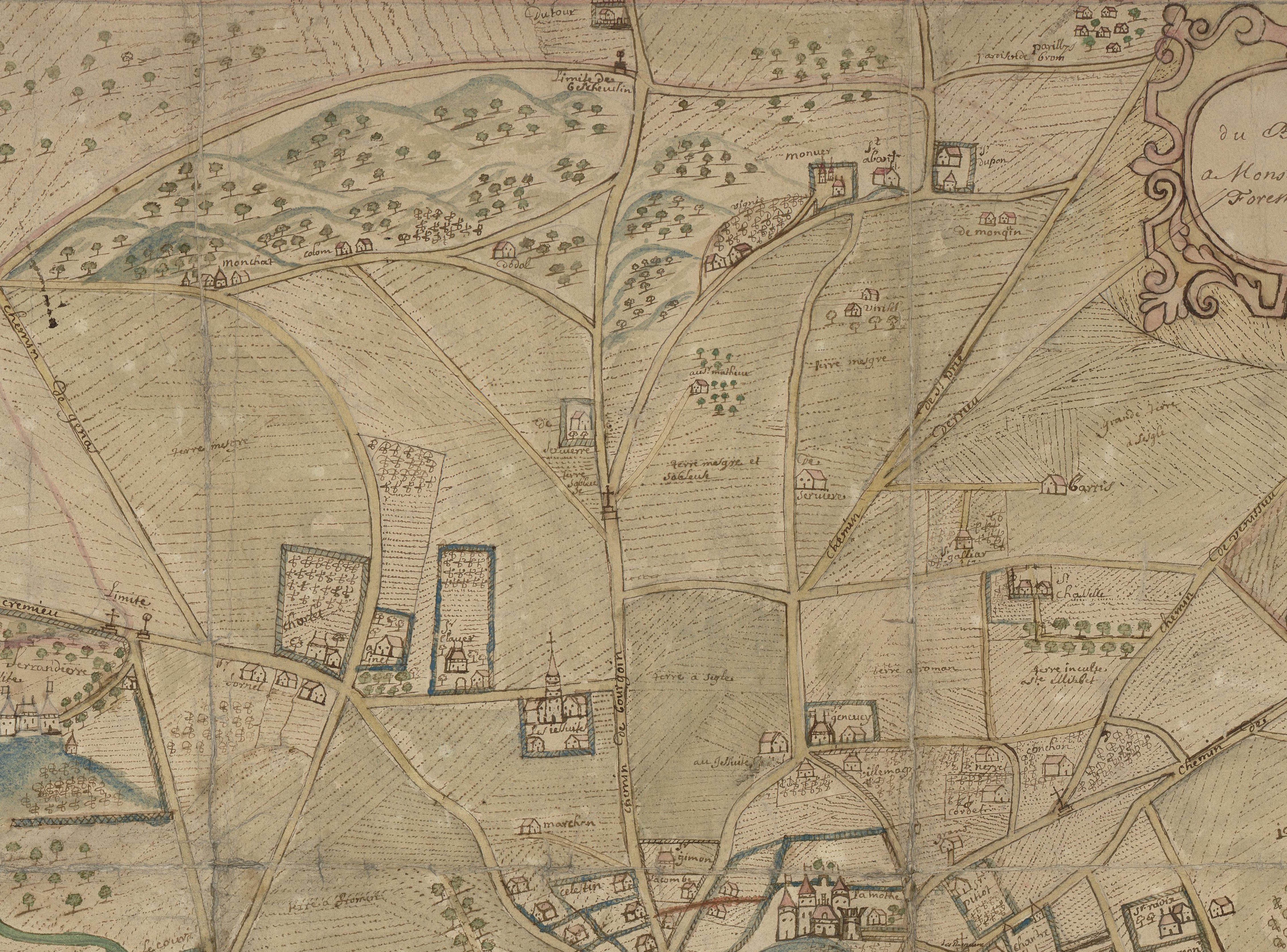 Plan général du bourg de la Guillotière, mandement de Béchevelin en Dauphiné : plan manuscrit couleur (1710, cote : 2S/13, détail)