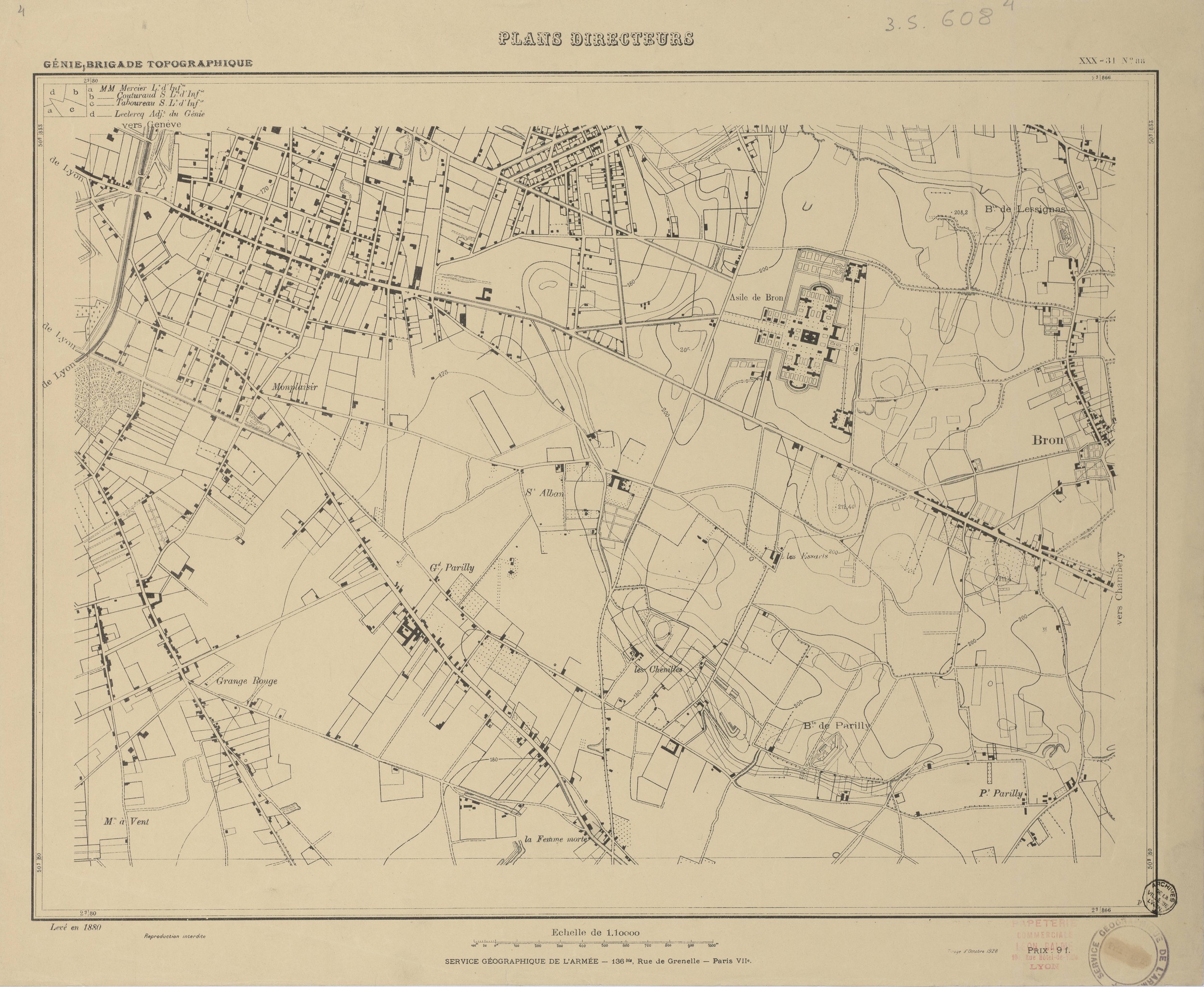 Plan directeur de Lyon n°88 : plan imprimé par le service géographique de l'Armée (1880, tirage de 1928, cote : 3S/608/4)