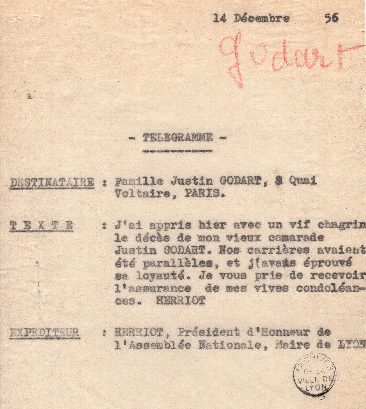 Copie carbone du télégramme envoyé par Edouard Herriot, 14 décembre 1956 (639WP/143)