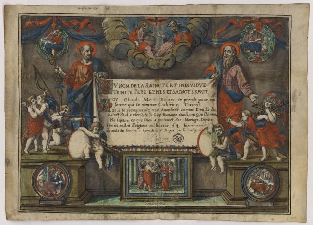 Charte de mariage sur parchemin enluminé de Claude Monin, écuyer et Catherine Torrent (Lyon, église Saint-Nizier, le 9 février 1654, cote : 16FI/305)