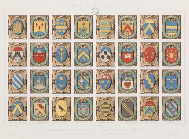 Armoiries des échevins célèbres et des prévôts des marchands : lithographie couleur par A.D. Levie (1867-1870, cote :  1C/450022, pl. 49-50)
