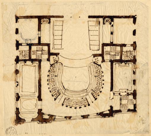 Esquisses pour le théâtre des Célestins lors du concours de 1873 (1er prix), plan du 1er étage par Gaspard André (1873, cote : 33II/151)