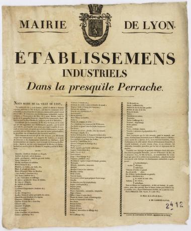 Etablissements industriels dans la presqu'île Perrache : affiche noir et blanc (07/06/1817, cote : 936W/2412)