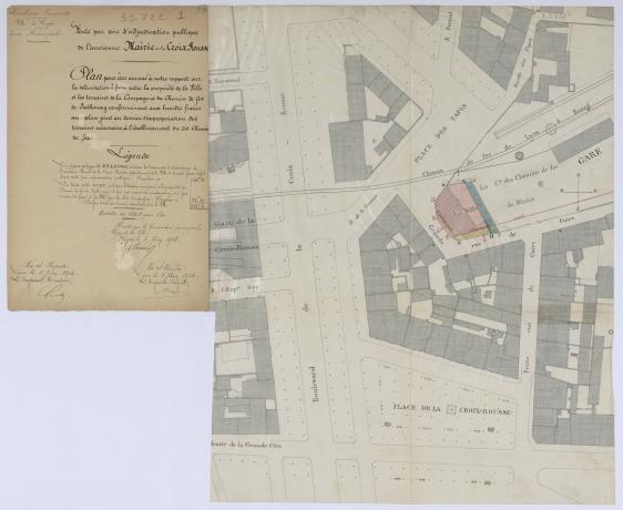 Ancienne mairie de la Croix-Rousse, vente par voie d'adjudication publique : plan masse, dessin manuscrit par Loizeau (1873-1874, cote : 3S/722)