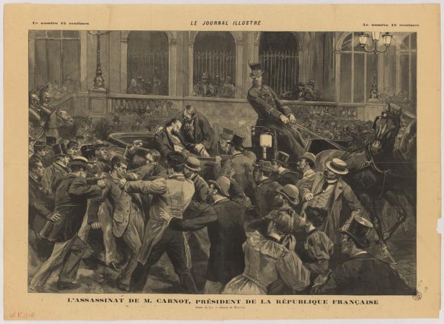 L'assassinat de M. Carnot, président de la République française : dessin de Lix, gravure de Méaulle parue dans le Journal illustré (1984, cote : 16FI/616)