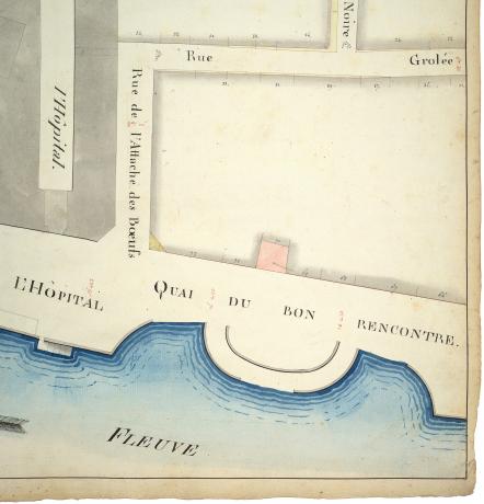 Quai du Bon-Recontre sur le Rhône en amont de l'Hôtel-Dieu, extr. du plan géométral de Coillet : dessin manuscrit (1815, cote : 2SAT/8, pl. 32, détail)