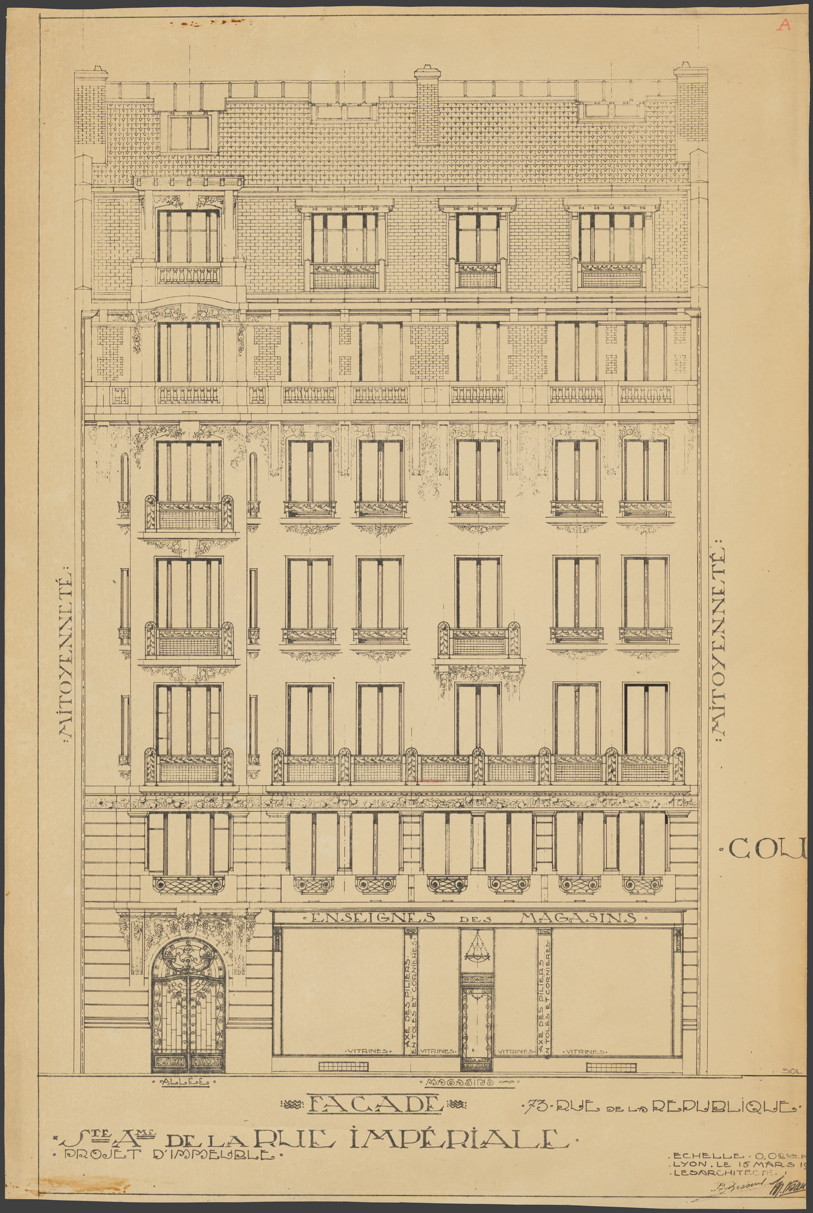 Façade de l’immeuble 73 rue de la République, Bissuel architecte (membre de la SAAL) (1914, cote : 167II/65)