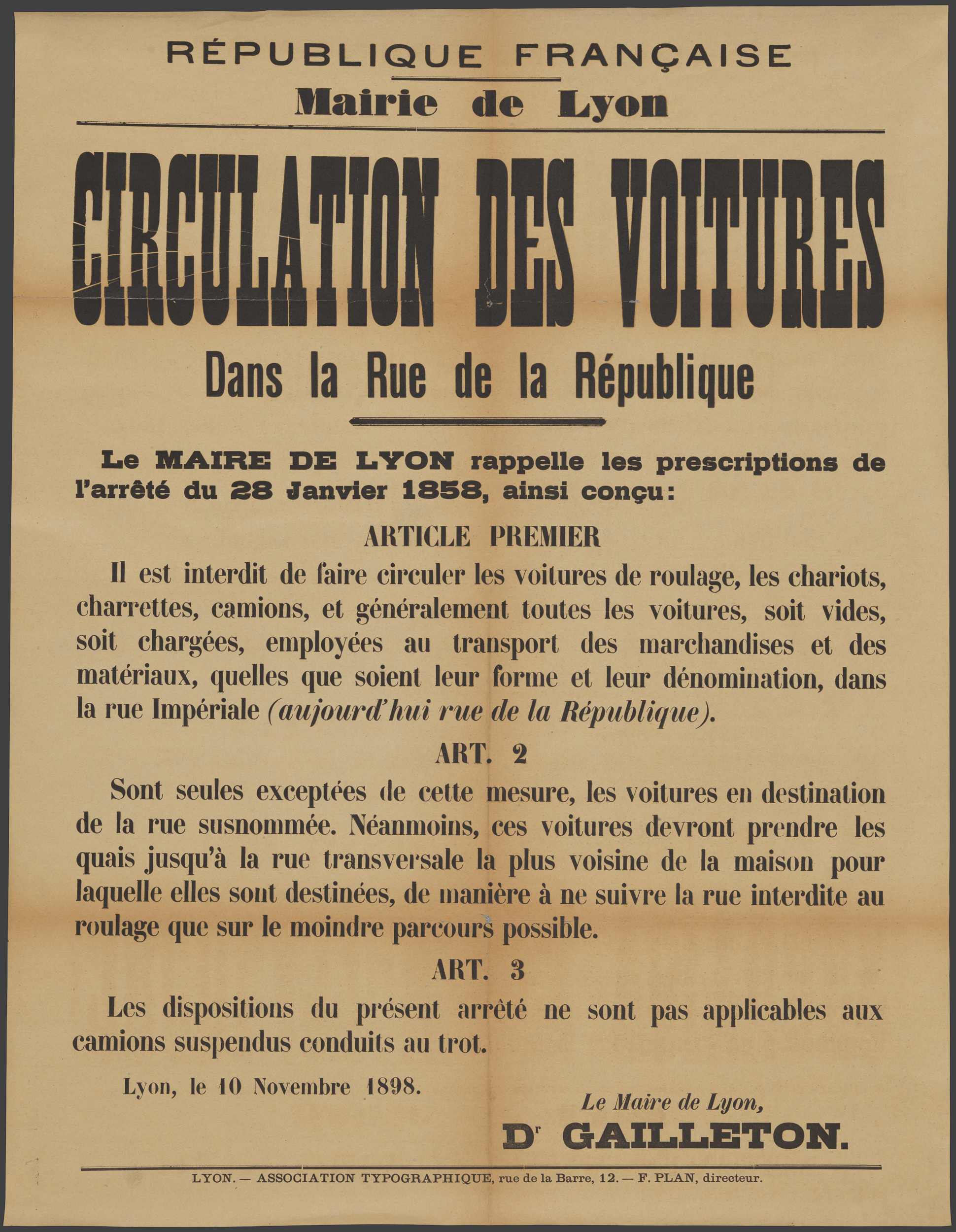 Interdiction de circulation des voitures de roulage rue de la République, affiche imprimée, 10 novembre 1898 - Archives municipales de Lyon, 1125WP/16