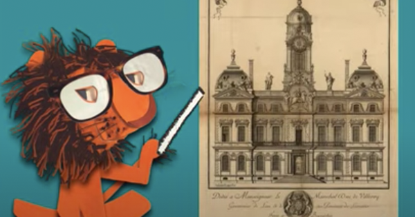 Dessin d'un lion présentant un dessin de la Mairie de Lyon