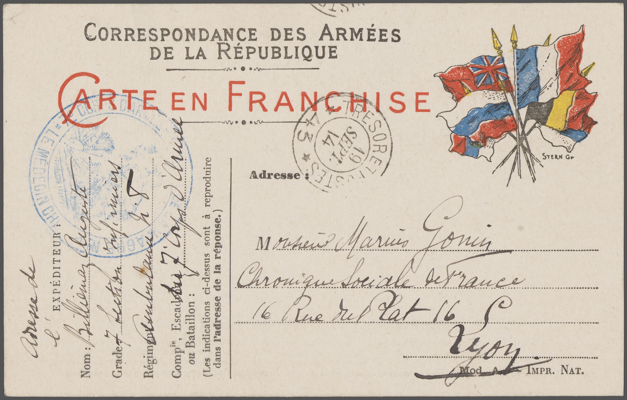 Carte postale des armées en franchise, 1917. 130/ii/7