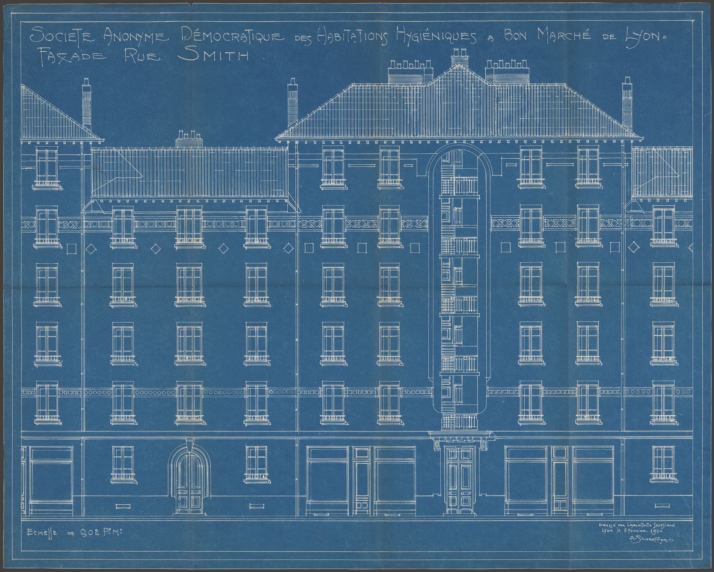 Groupe Quivogne, façade rue Smith : bleu d'architecte par A. Schaeffer (8/02/1930, cote :1097W/115)