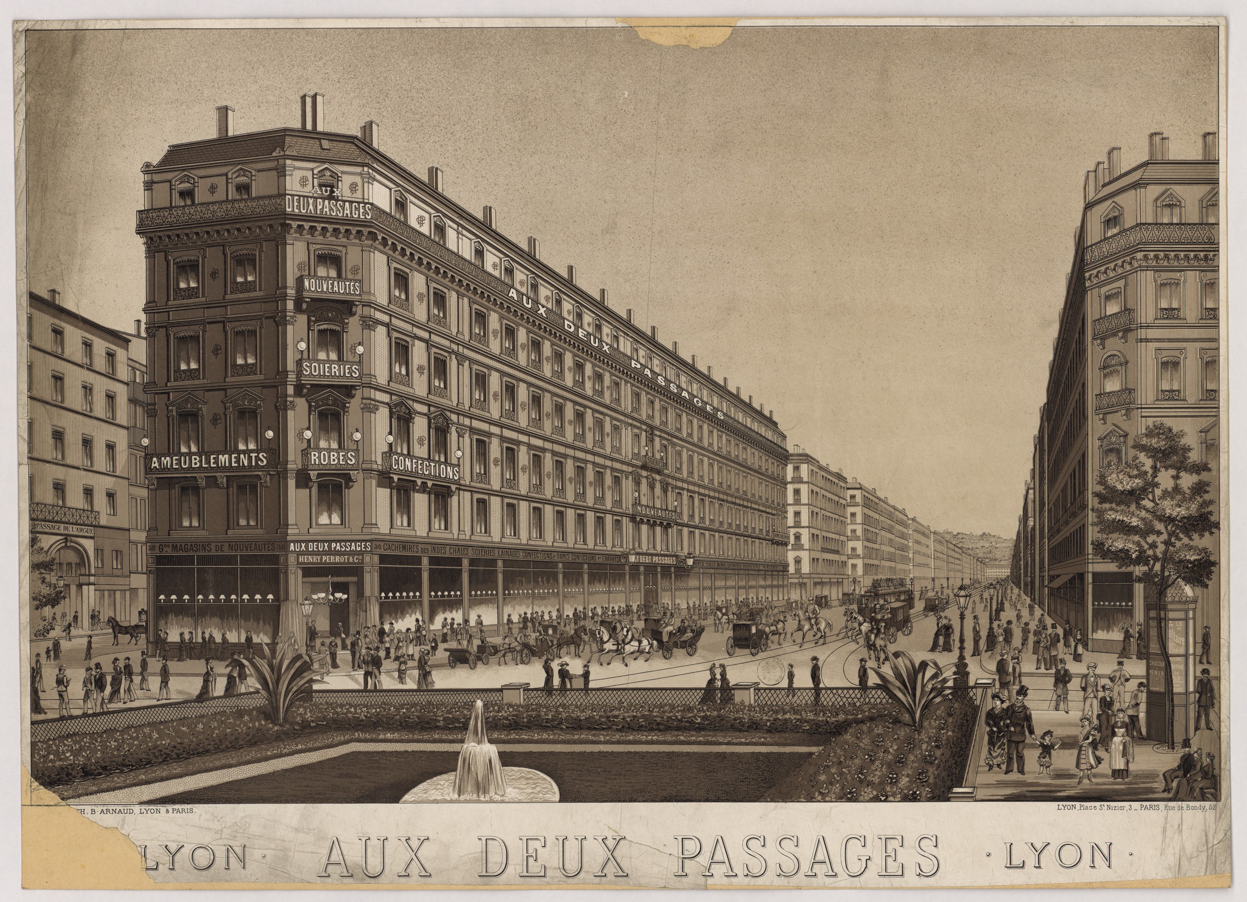 Bâtiment Aux Deux Passages (actuel Printemps) rue de la République, lithographie de Ch. B. Arnaud (après 1859, cote : 16FI/251)