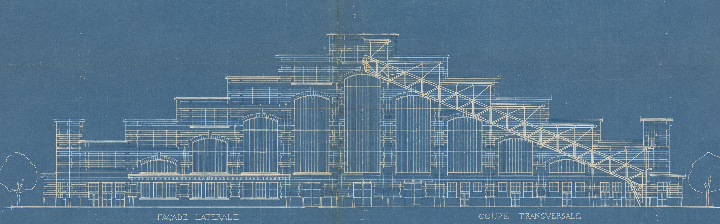 Façades et coupes du marché aux bestiaux des abattoirs de la Mouche, 15 mai 1908, diazographie. 1S/227