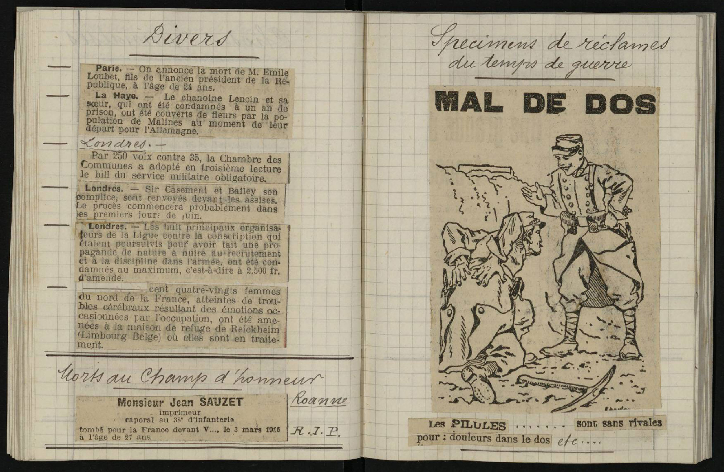 Réclame de guerre collée par Barthélémy Mermet dans un de ses carnets. 253/ii/107/27