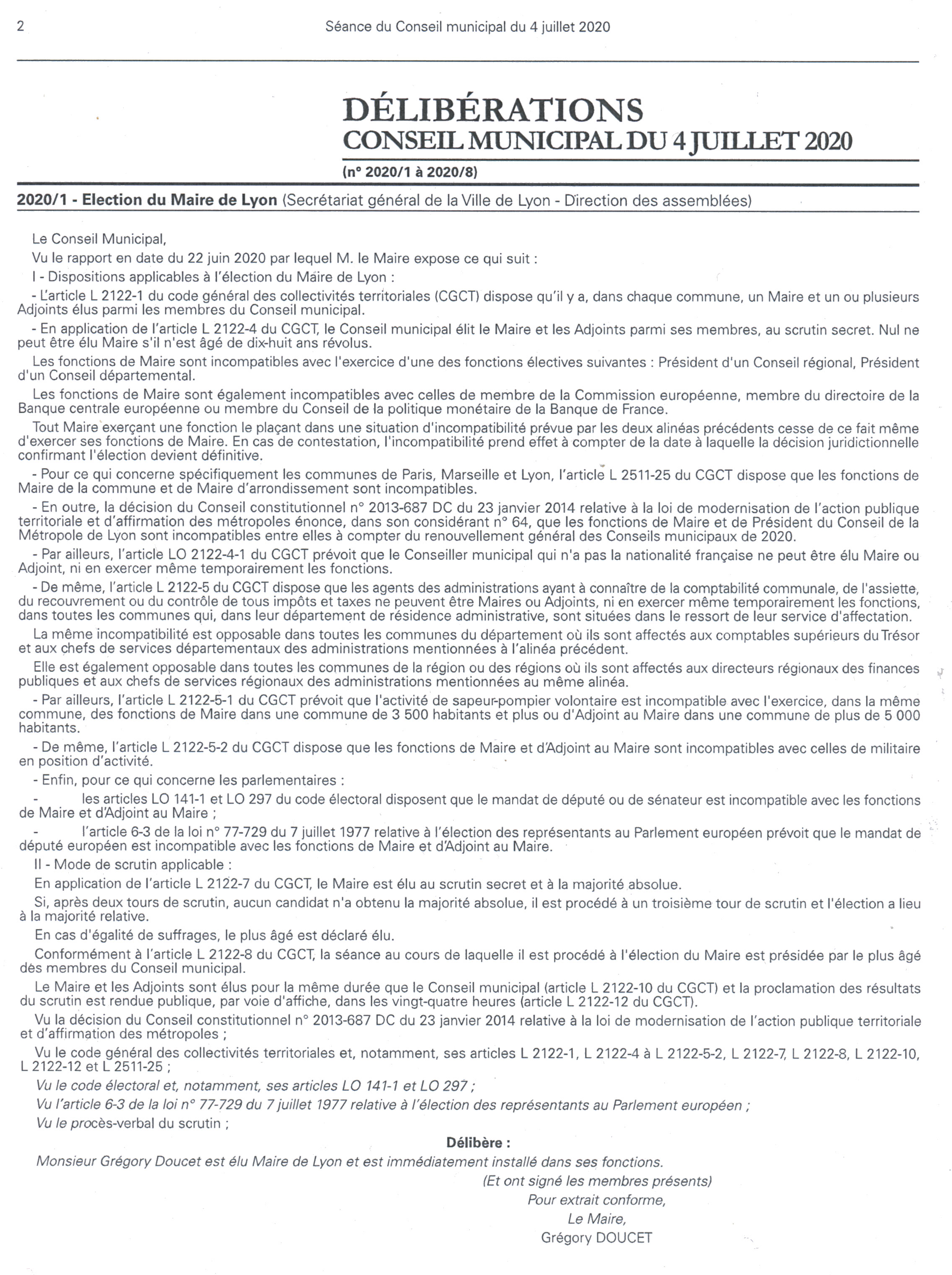 Procès-verbal d'élection de Grégory Doucet le 28 juin 2020, extrait du Bulletin municipal officiel (4/07/2020, cote : 2C/401683/SAL)