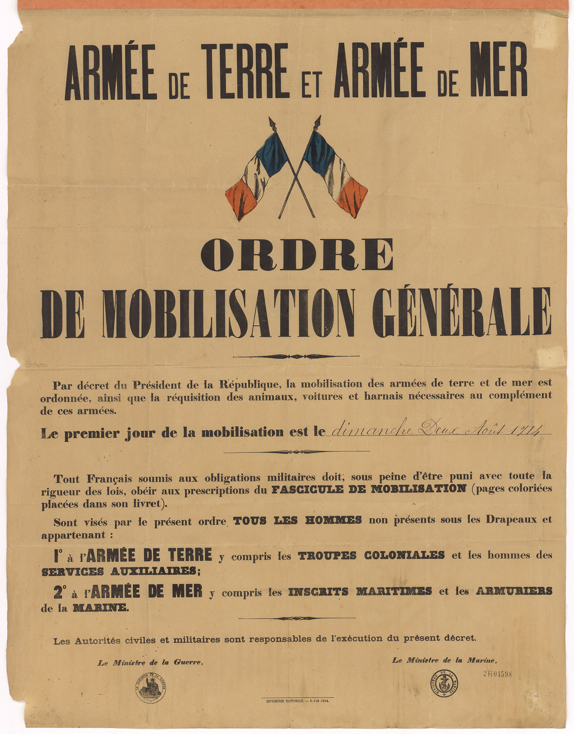 Ordre de mobilisation générale, 1er août 1914. 2/fi/1598