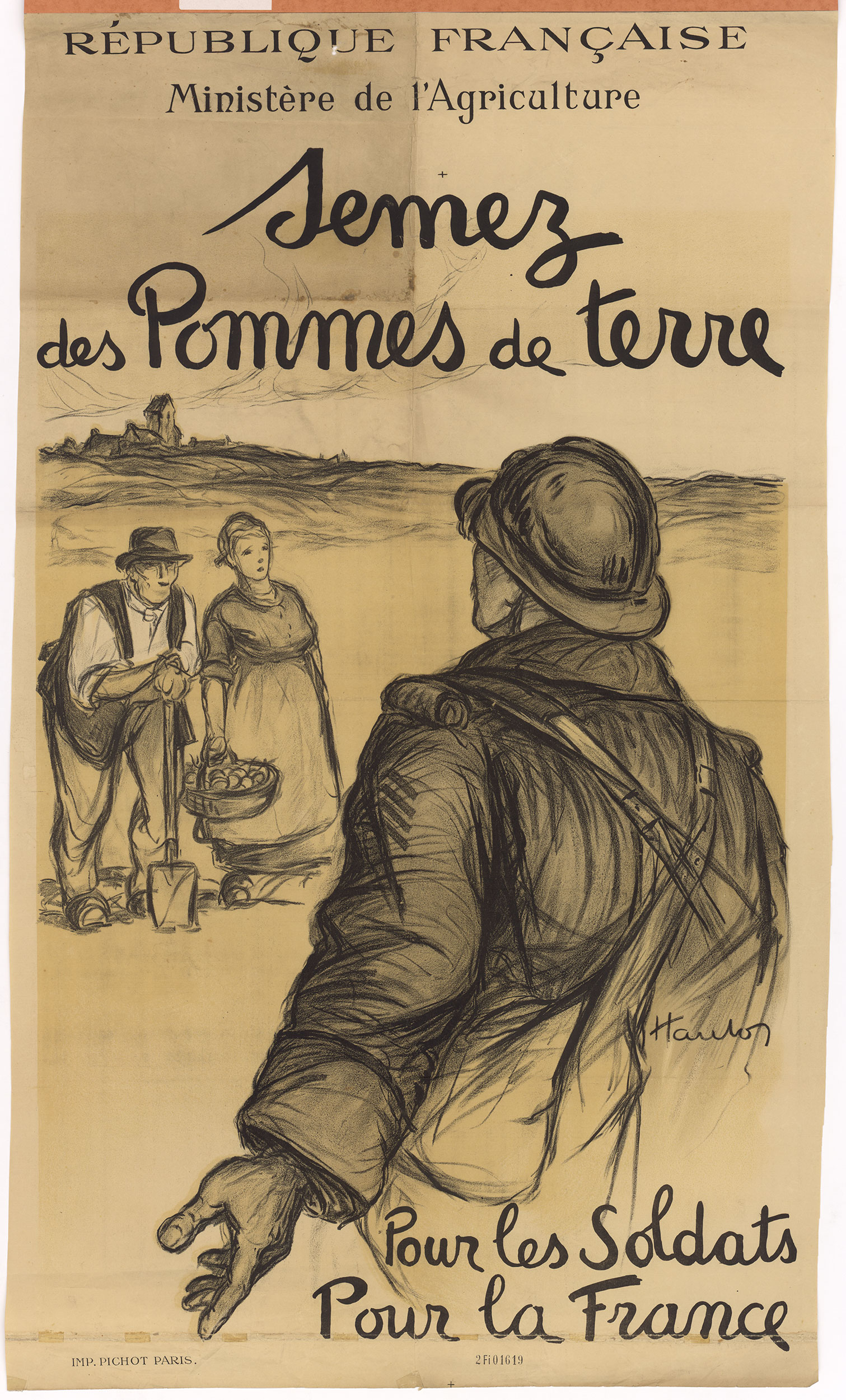 Semez des pommes de terre, 1917. Afficche lithographique de Georges Henri Hautot, commanditée par le Ministère de l'agriculture. 2/fi/1619