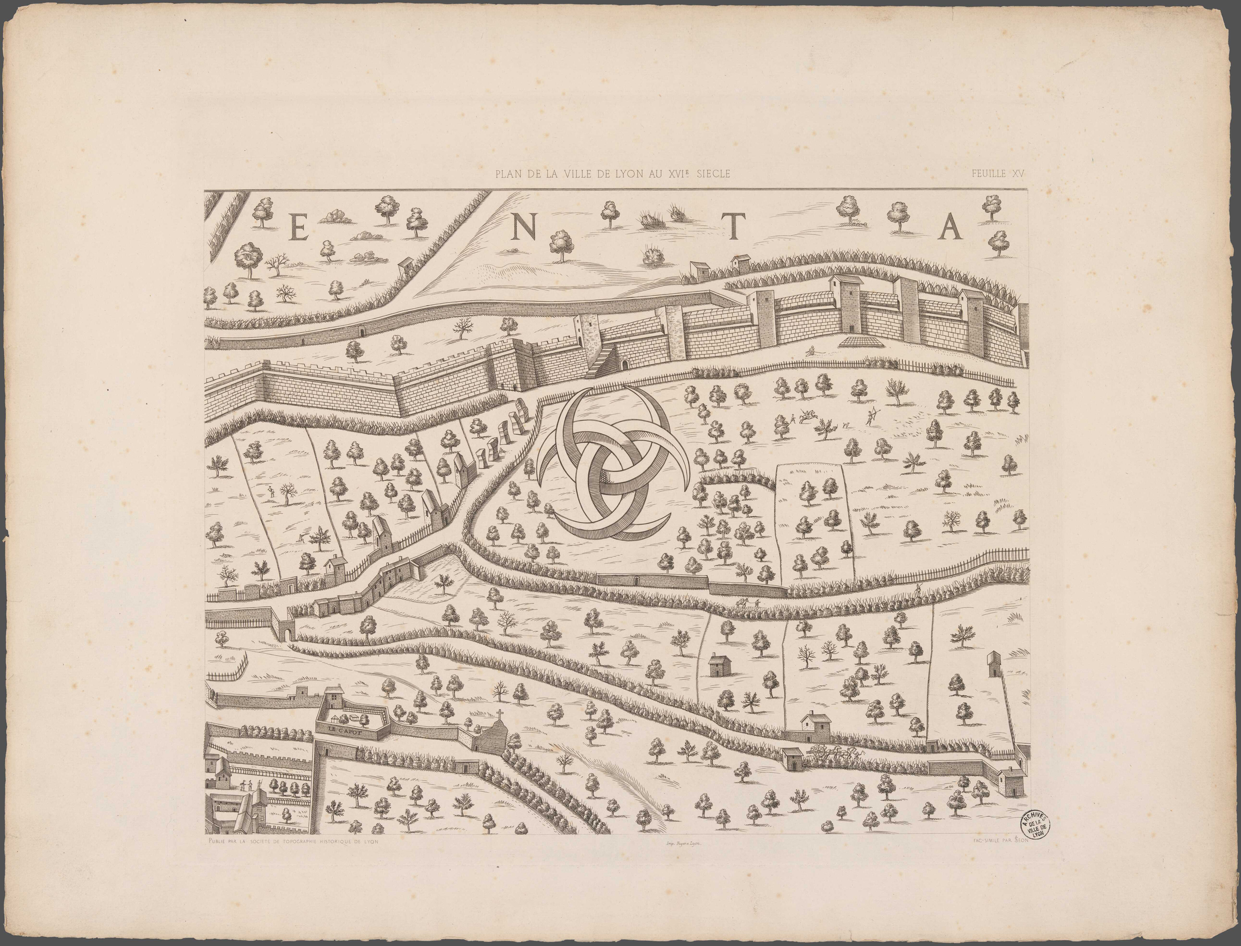 Copie du plan scénographique de Lyon en 1550. Estampe, 1872-1876. 2SAT/6