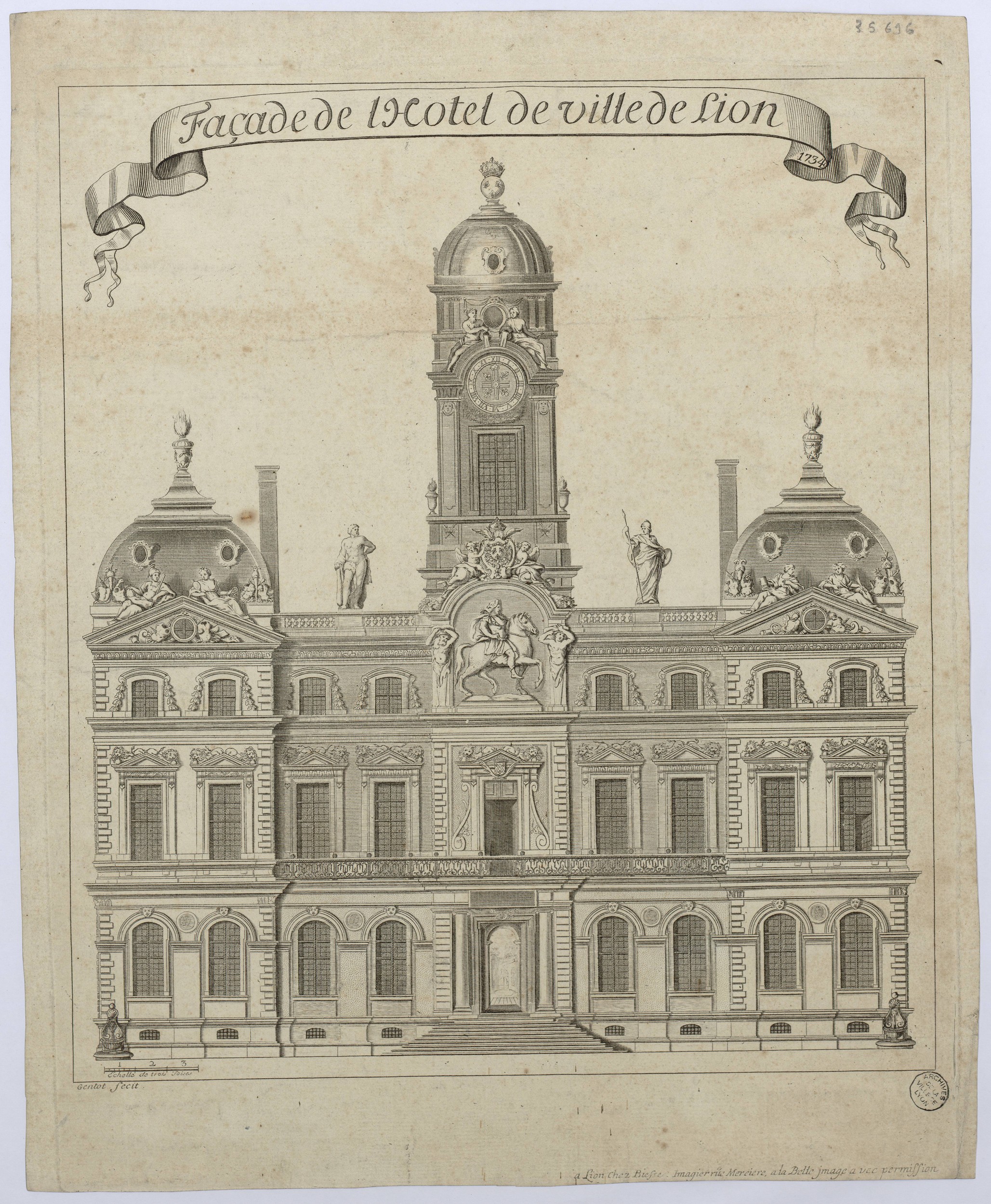 Façade de l'Hôtel de Ville de Lyon sur la place des Terreaux, par Jean-Pierre Gentot (1734, cote : 3S/696)