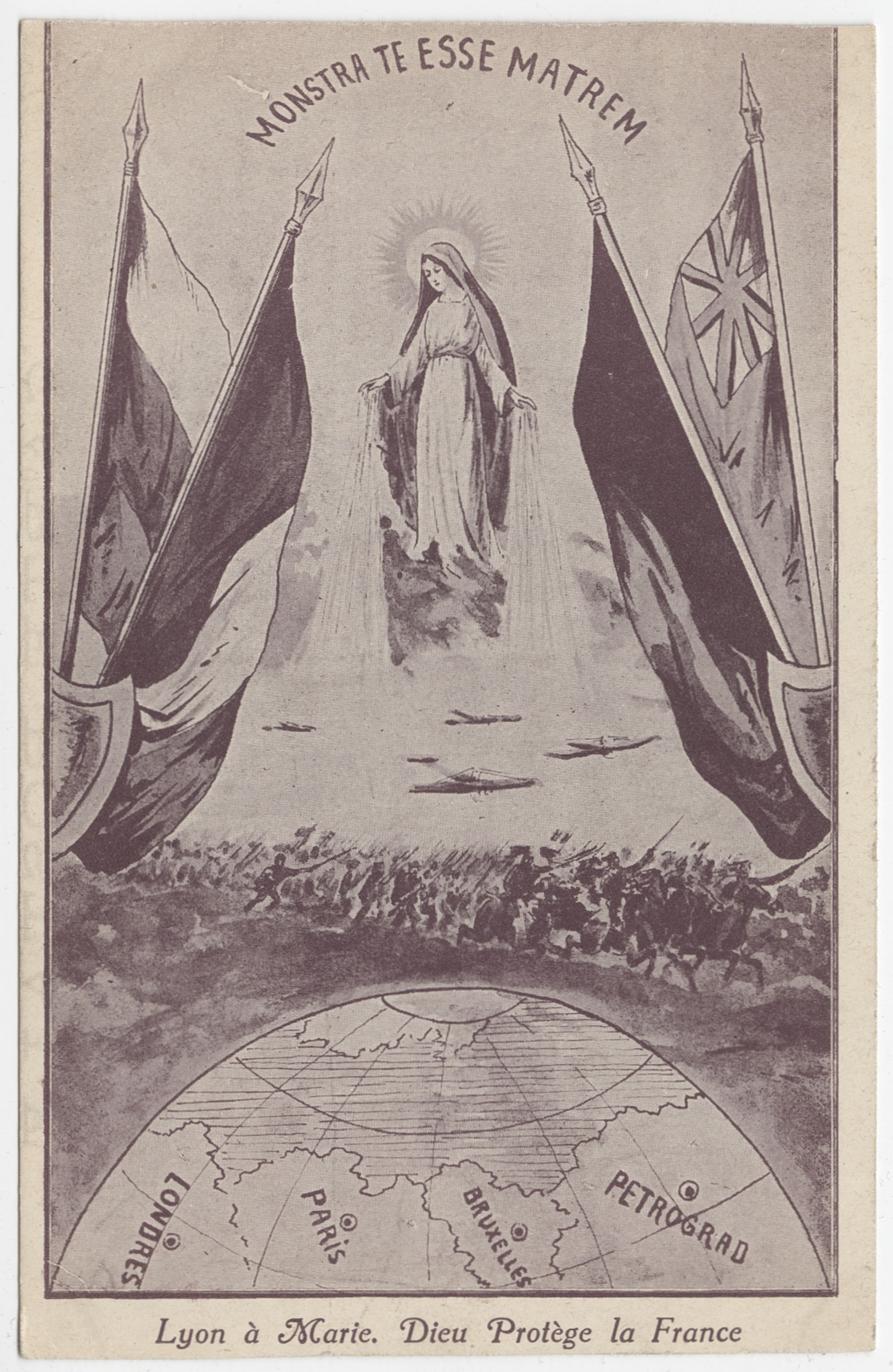 Lyon à Marie, Dieu protège la France : carte postale NB (1914-1918, 4Fi/4945)