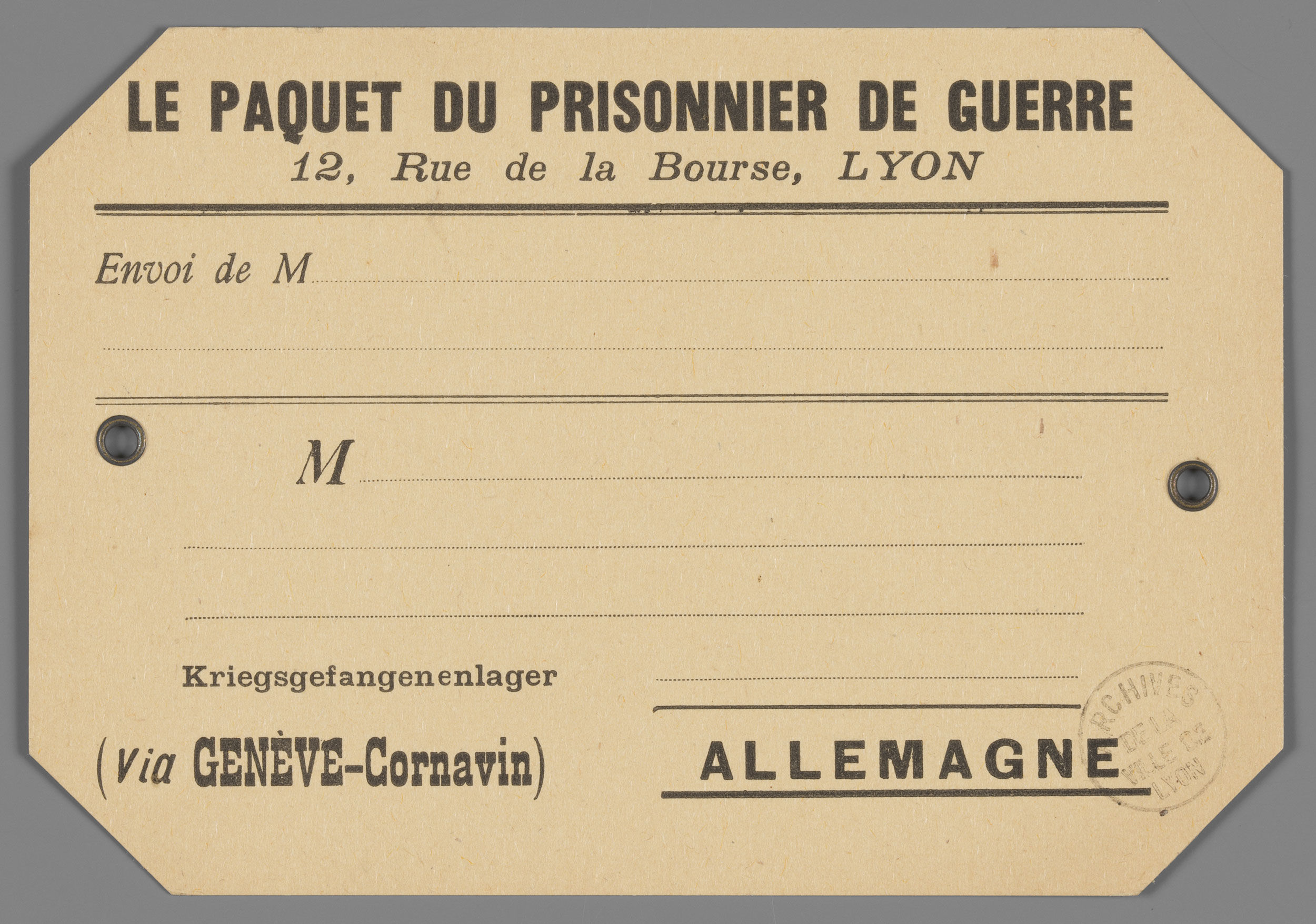 Etiquette de l'oeuvre "Le paquet du prisonnier". 5/fip/19