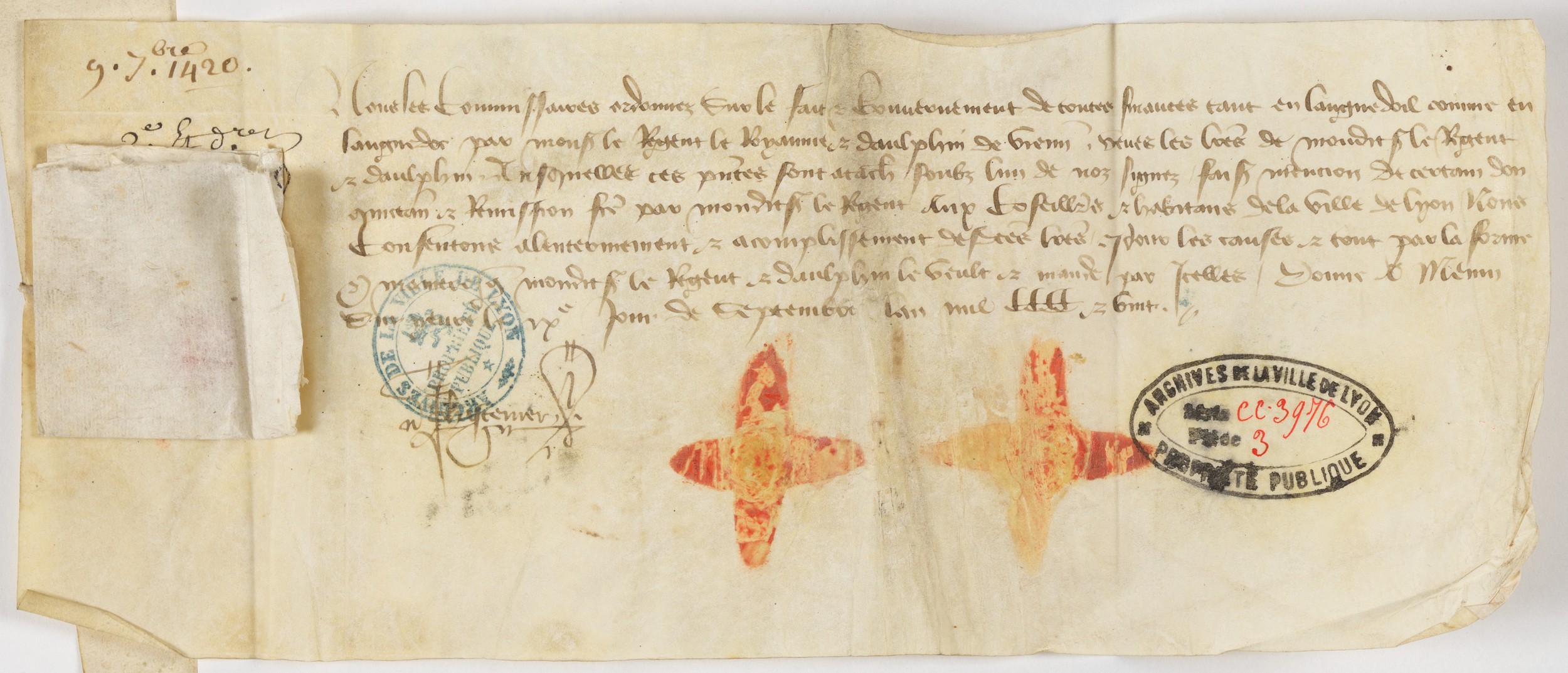Acte du régent Charles, dauphin de Viennois, concernant les foires de Lyon (9 février 1419, 1420 nouveau style, cote : CC/3976 pièce 3)