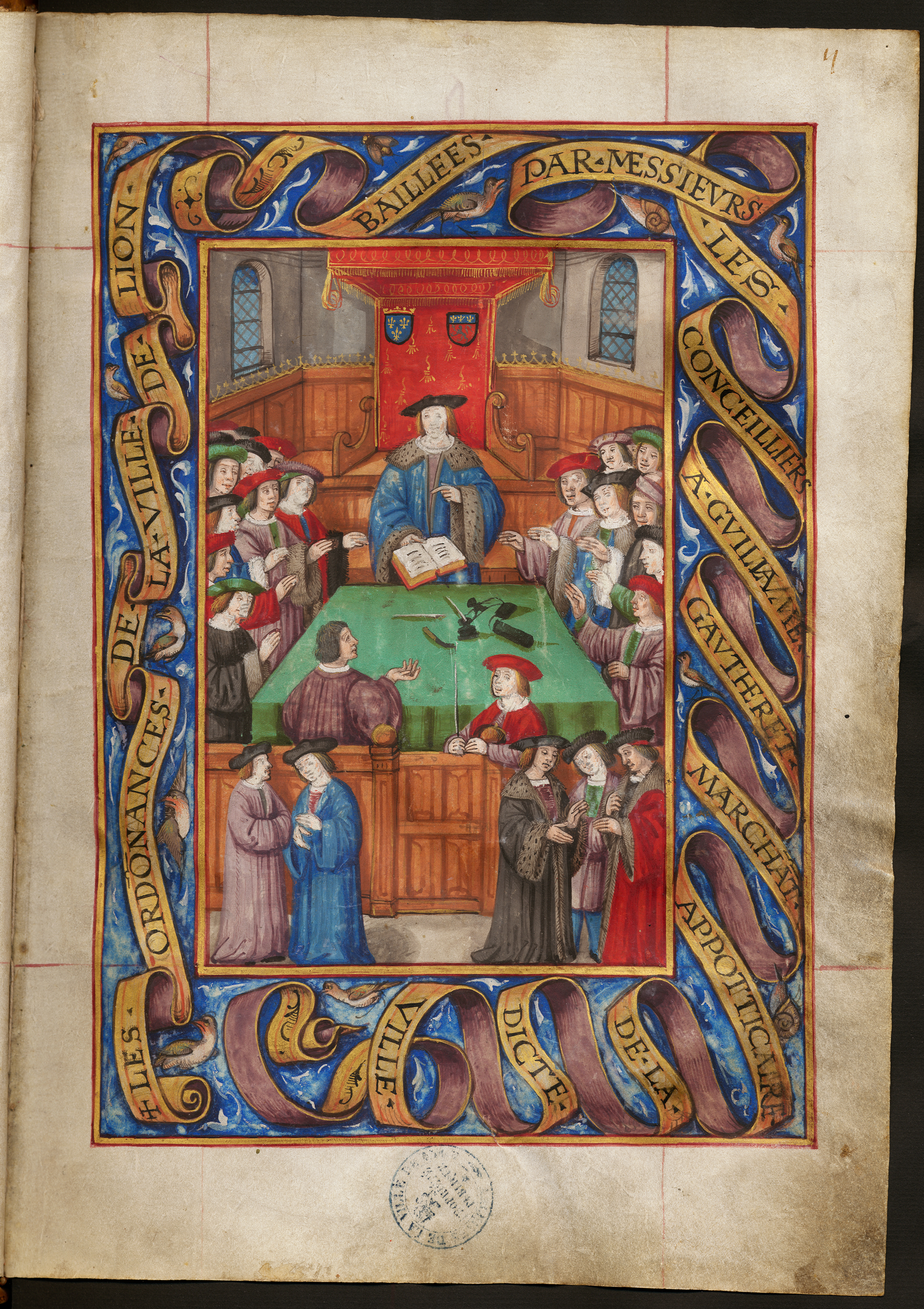 Garbeau de l'épicerie - Enluminure représentant une assemblée du Consulat (1519, cote : CC/4292, folio 2r)