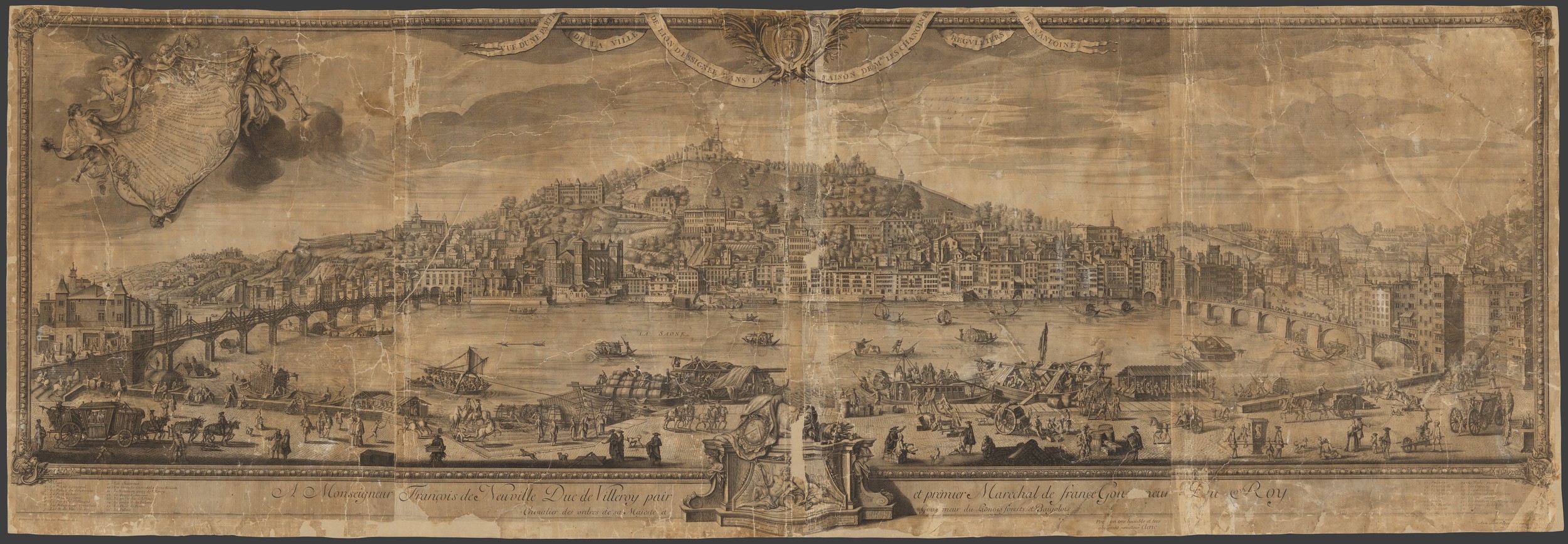 Vue d'une partie de la Ville de Lyon : estampe NB dessinée par Cléric et gravée par François de Poilly (1720, fonds des HCL, cote : HD/B/686)