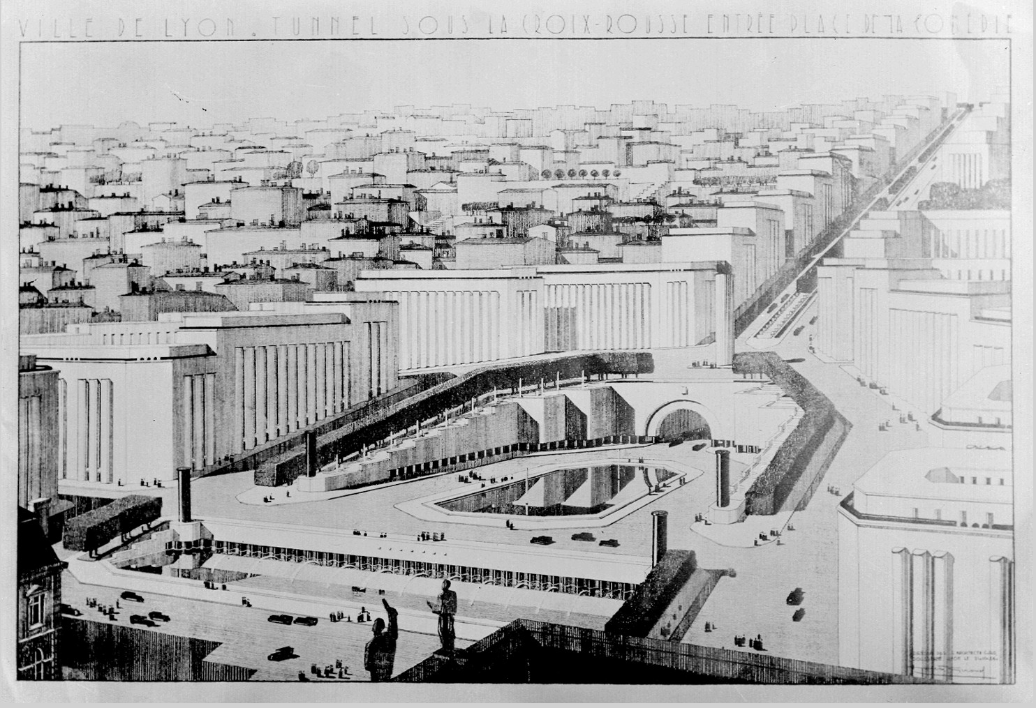 Tunnel de la Croix-Rousse, entrée place de la Comédie du projet non retenu de Camille Chalumeau et Robert Giroud : photo NB sur plaque de verre (1934, cote : 15PH/1/281)