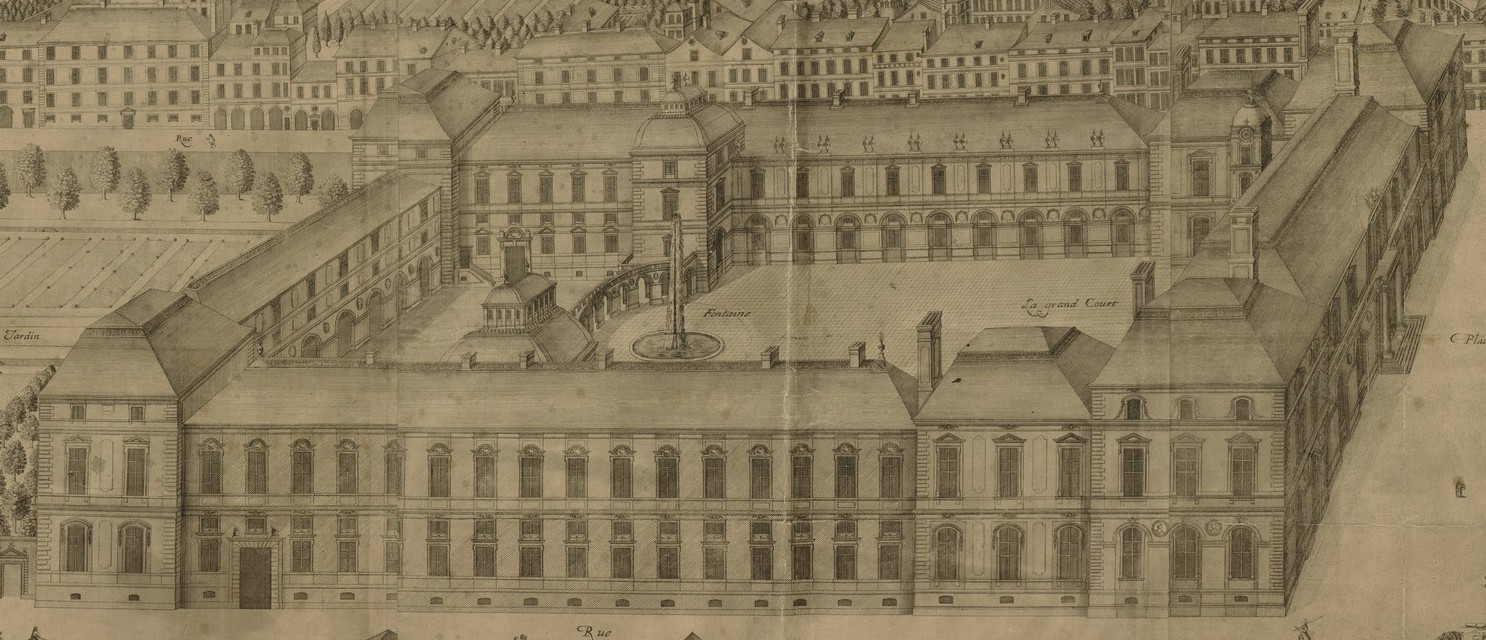 Hôtel de Ville par Simon Maupin, avec de part et d'autre les jardins et la place des Terreaux (1647, cote : 1S/66, détail)