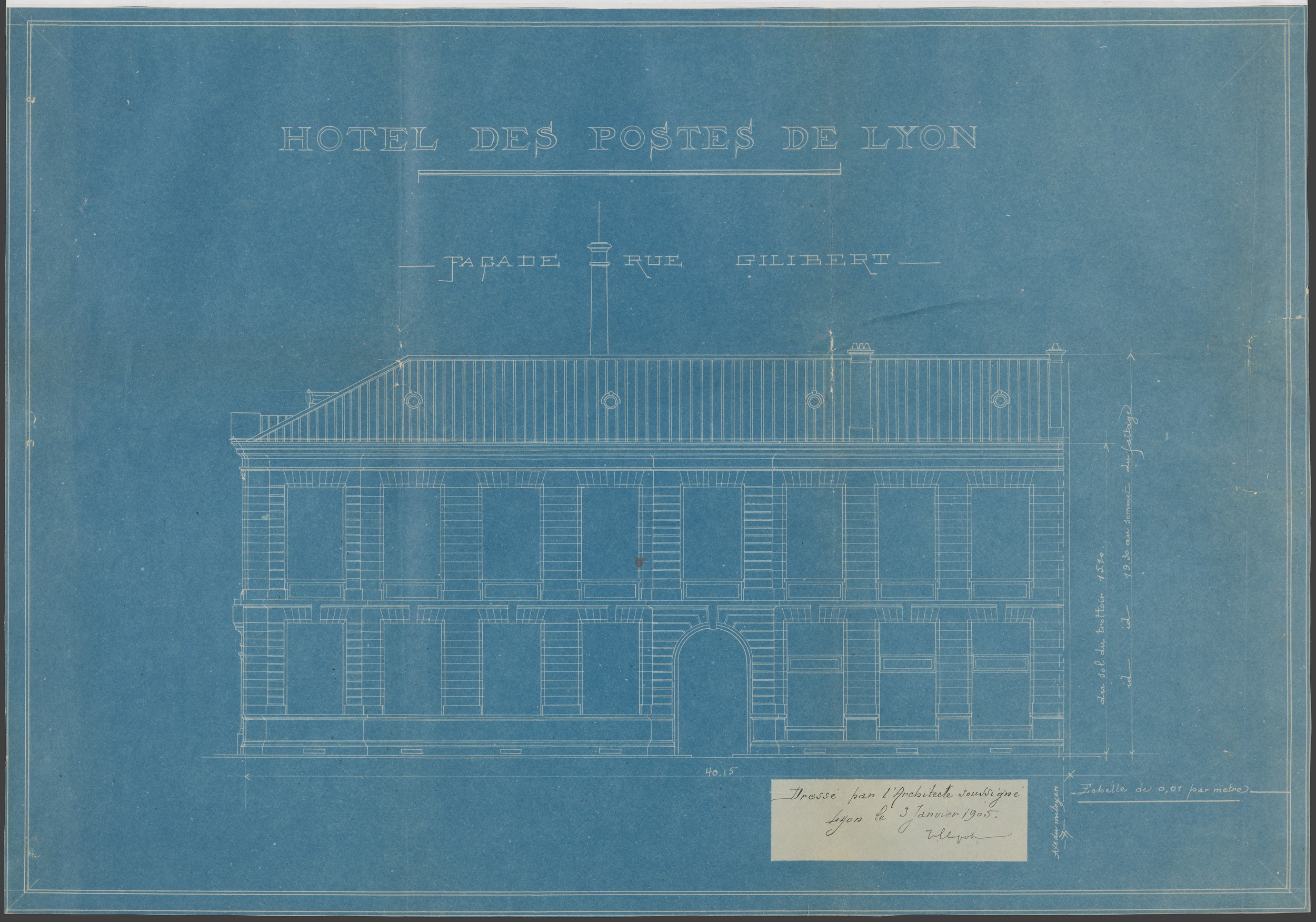 Hôtel des Postes, façade rue Gilibert par Jean Clapot, architecte (1905, cote : 314W/237, dossier 11)