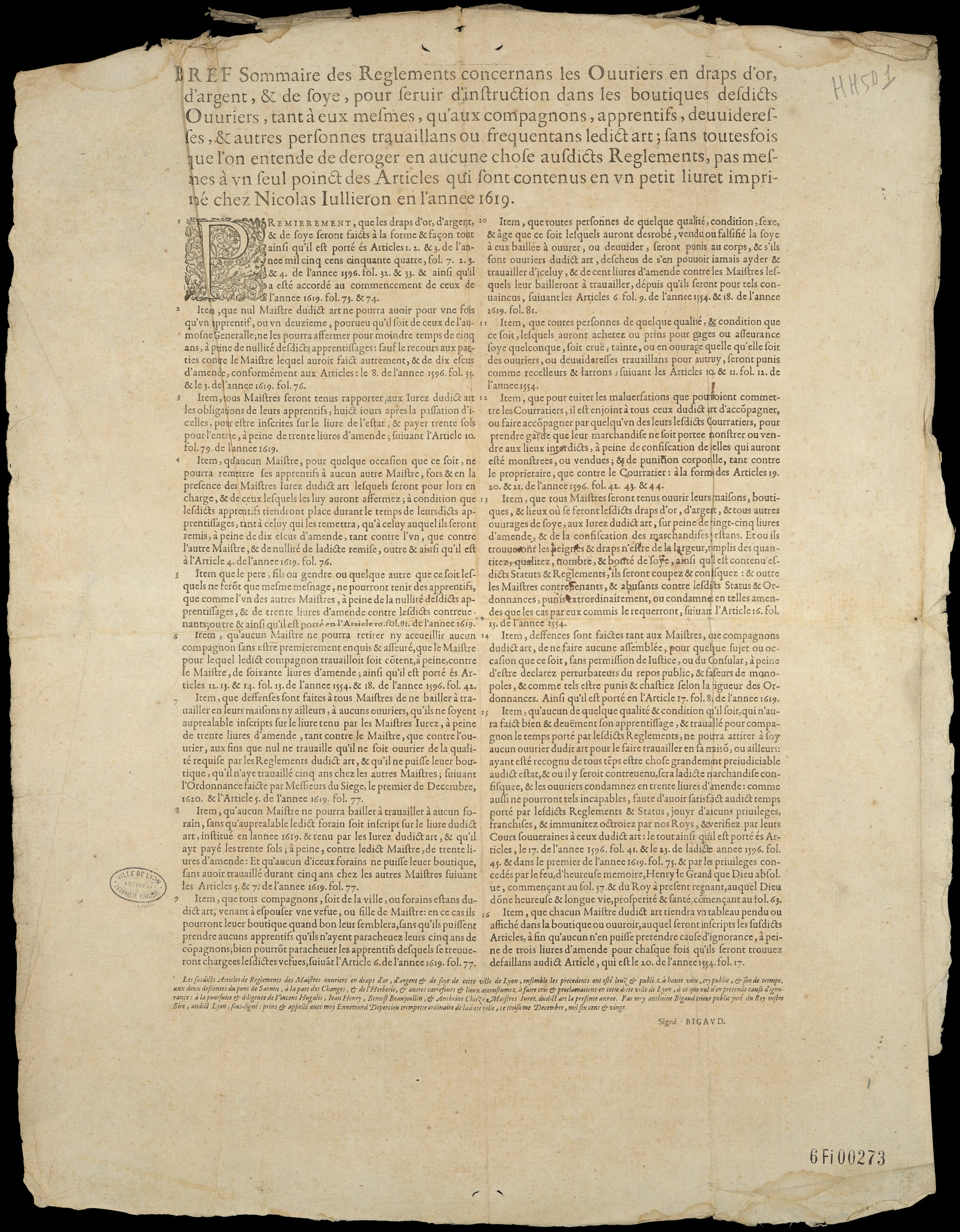 Bref sommaire des règlements concernant les ouvriers en draps d’or, d’argent et de soie (3/12/1620, 6FI/273).