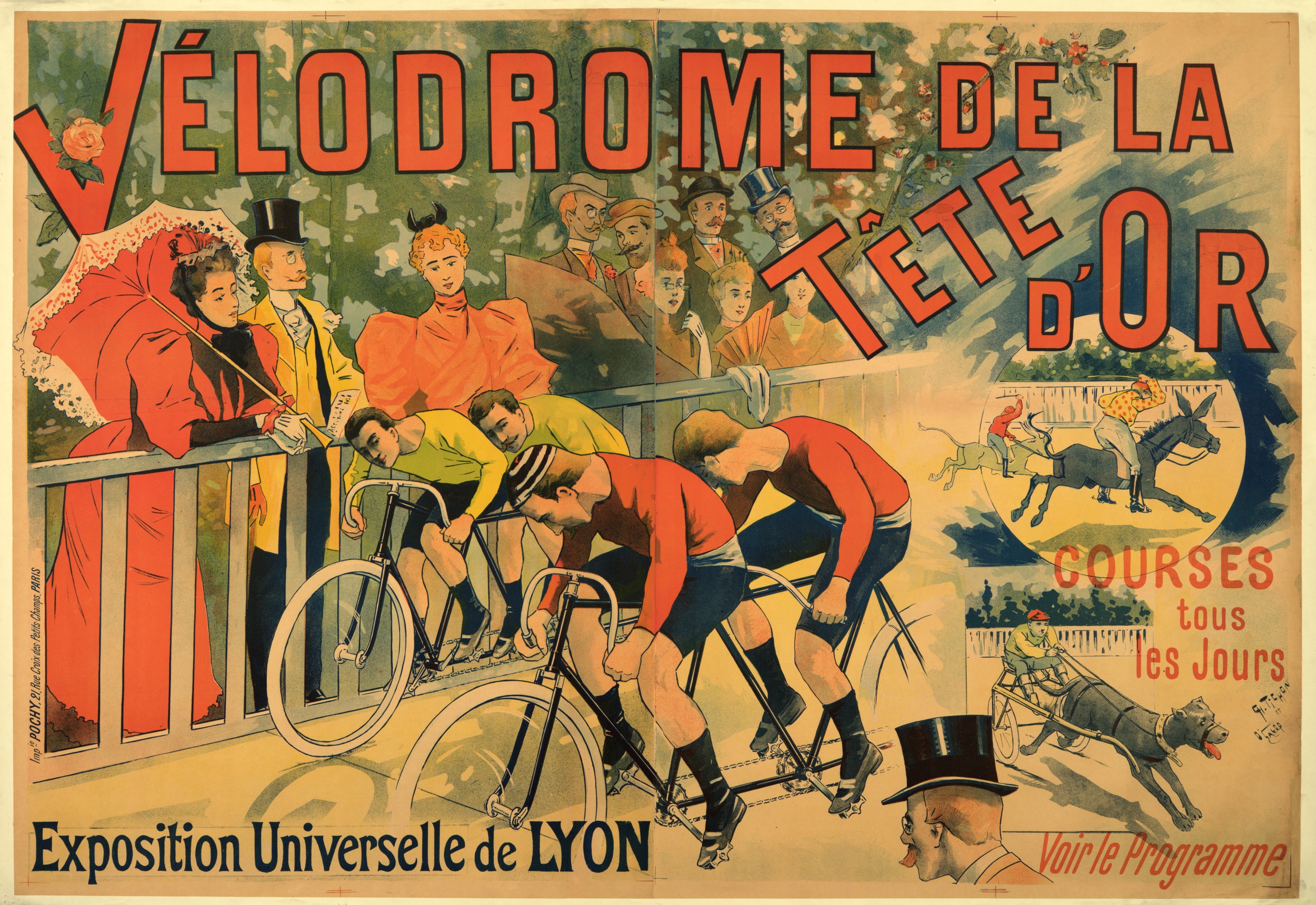 Courses au vélodrome du parc de la Tête d'Or lors de l'exposition universelle [de 1914] à Lyon, affiche publicitaire illustrée par Charles Tichon (cote : 7FI/3434)