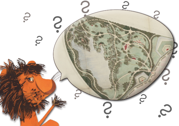 Un lion dessiné présente un plan du parc de la Tête d'or