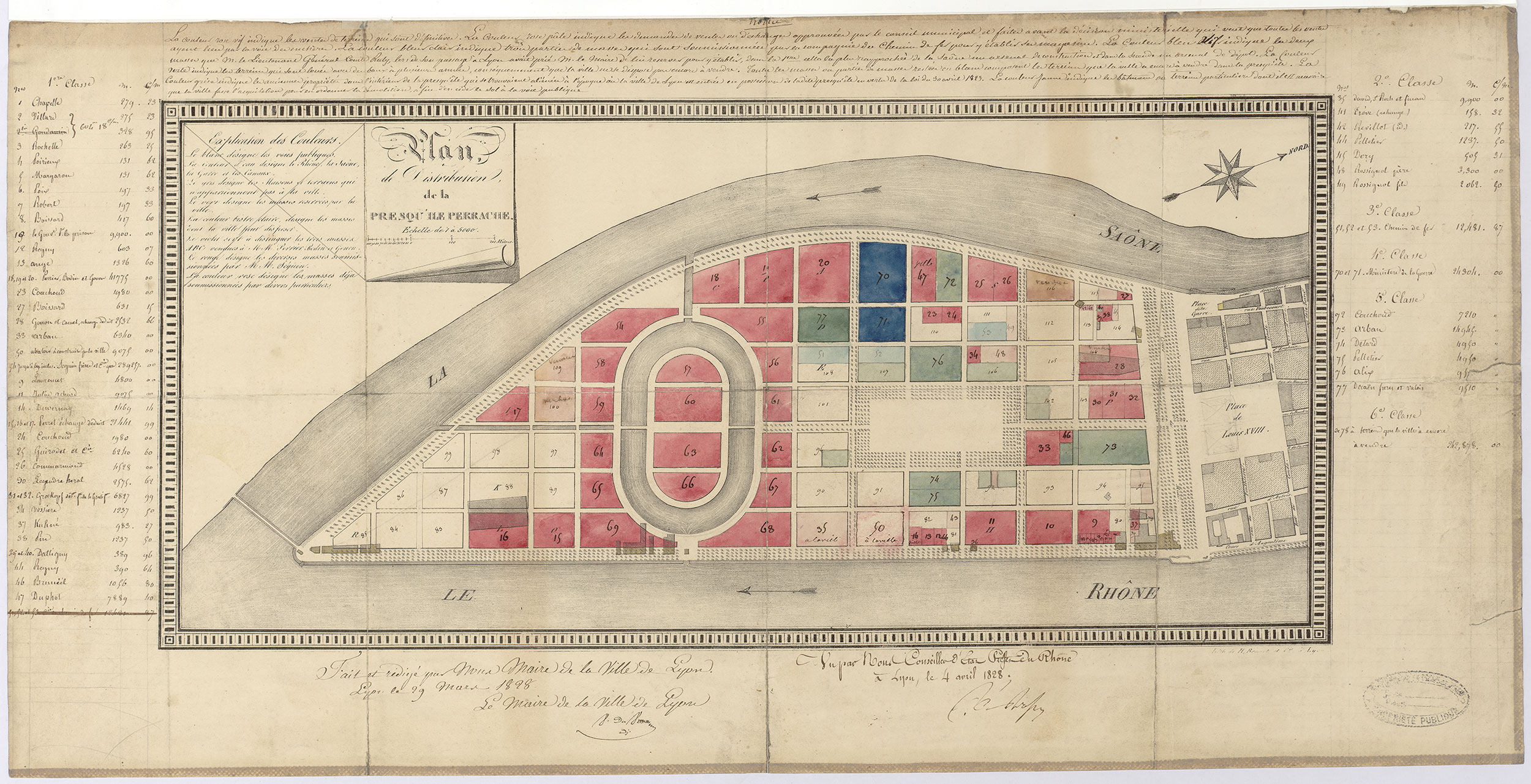 Plan de distribution de la Presqu'île de Perrache : lithographie couleur par Brunet (1828, cote : 2S/73/A)