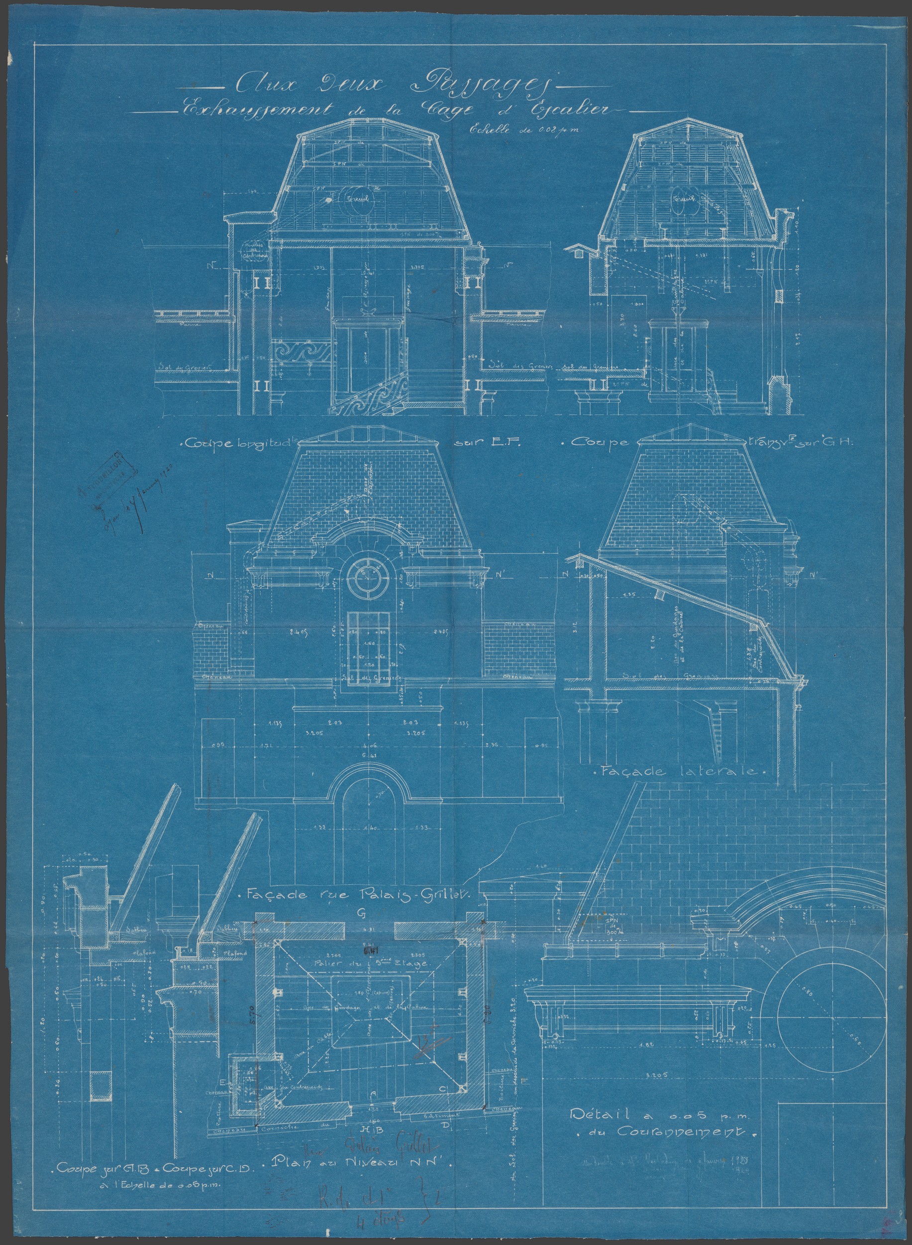 Bâtiment Aux Deux Passages (actuel Printemps) rue de la République, exhaussement de la cage d'escalier : coupes sur bleus d'architecte (1920, cote : 314WP/139, dossier 49) 
