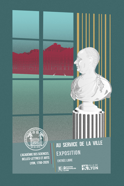 Affiche dl'exposition représentant un buste regardant Lyon par la fenêtre