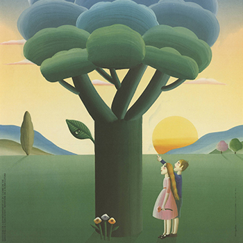 Extrait d'une affiche de Jean-Michel Folon présentant des enfants devant un arbre