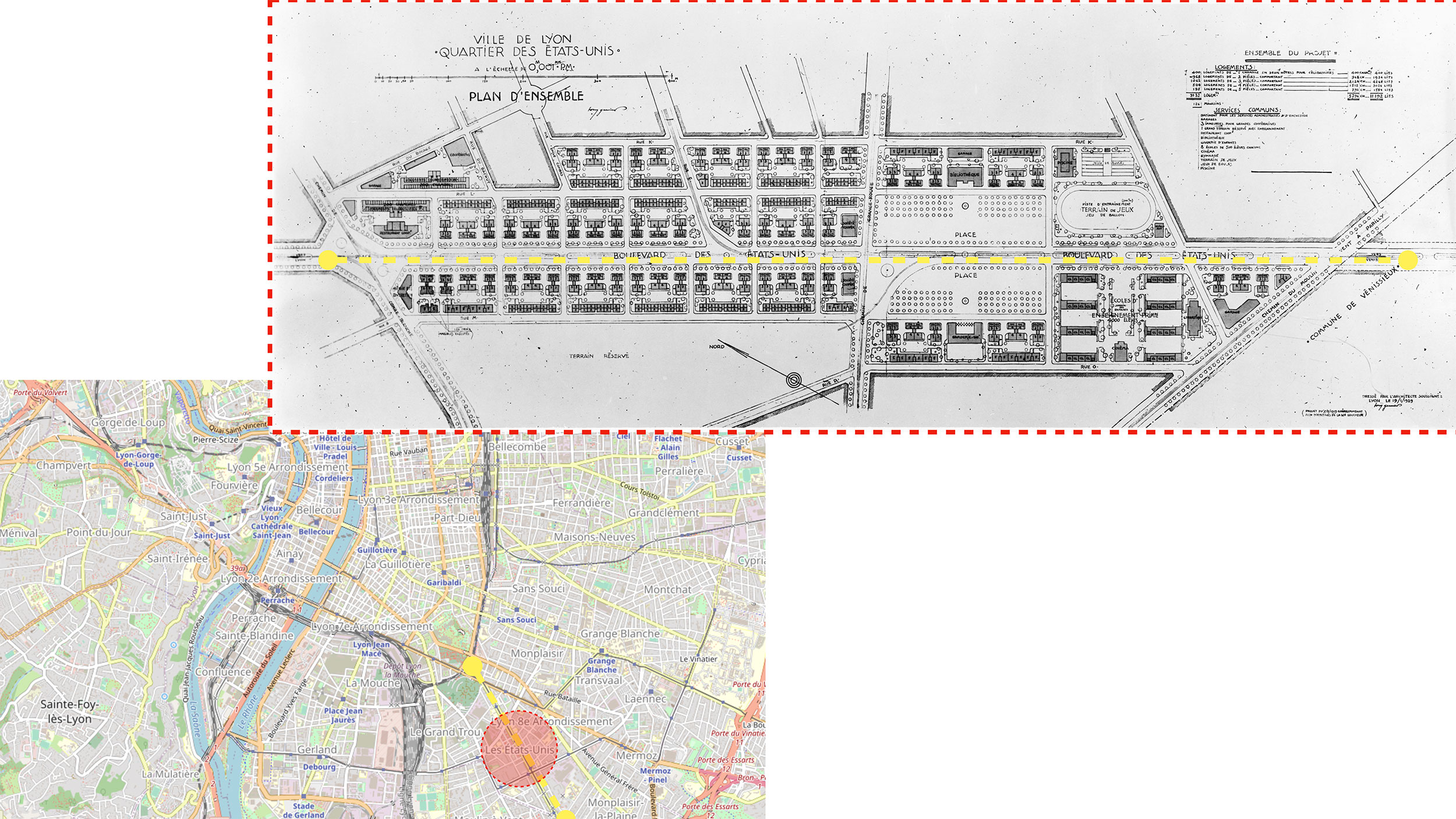 Carte repères du plan du quartier des Etats-Unis