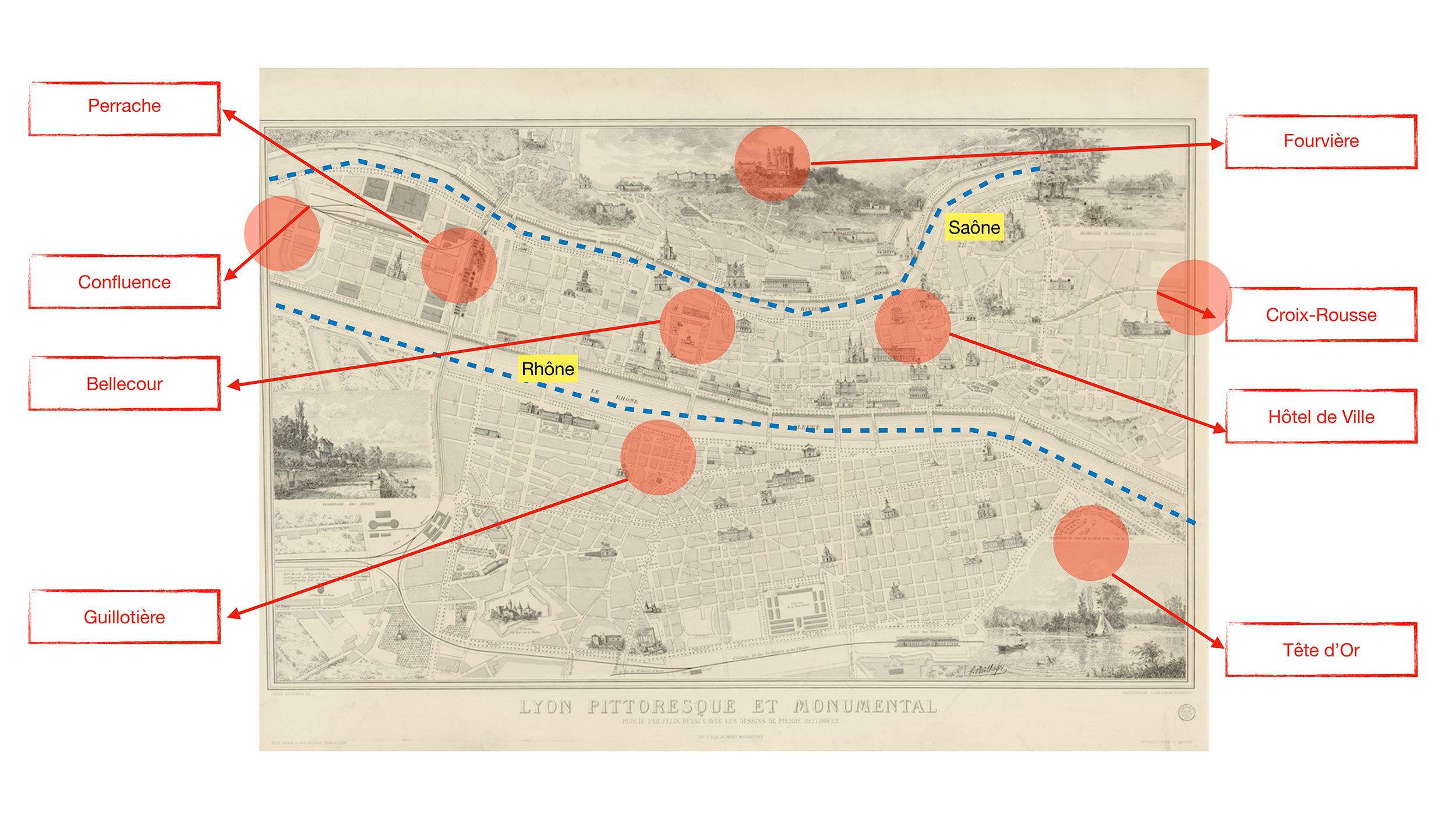 Carte repère du plan de Lyon pittoresque et monumental