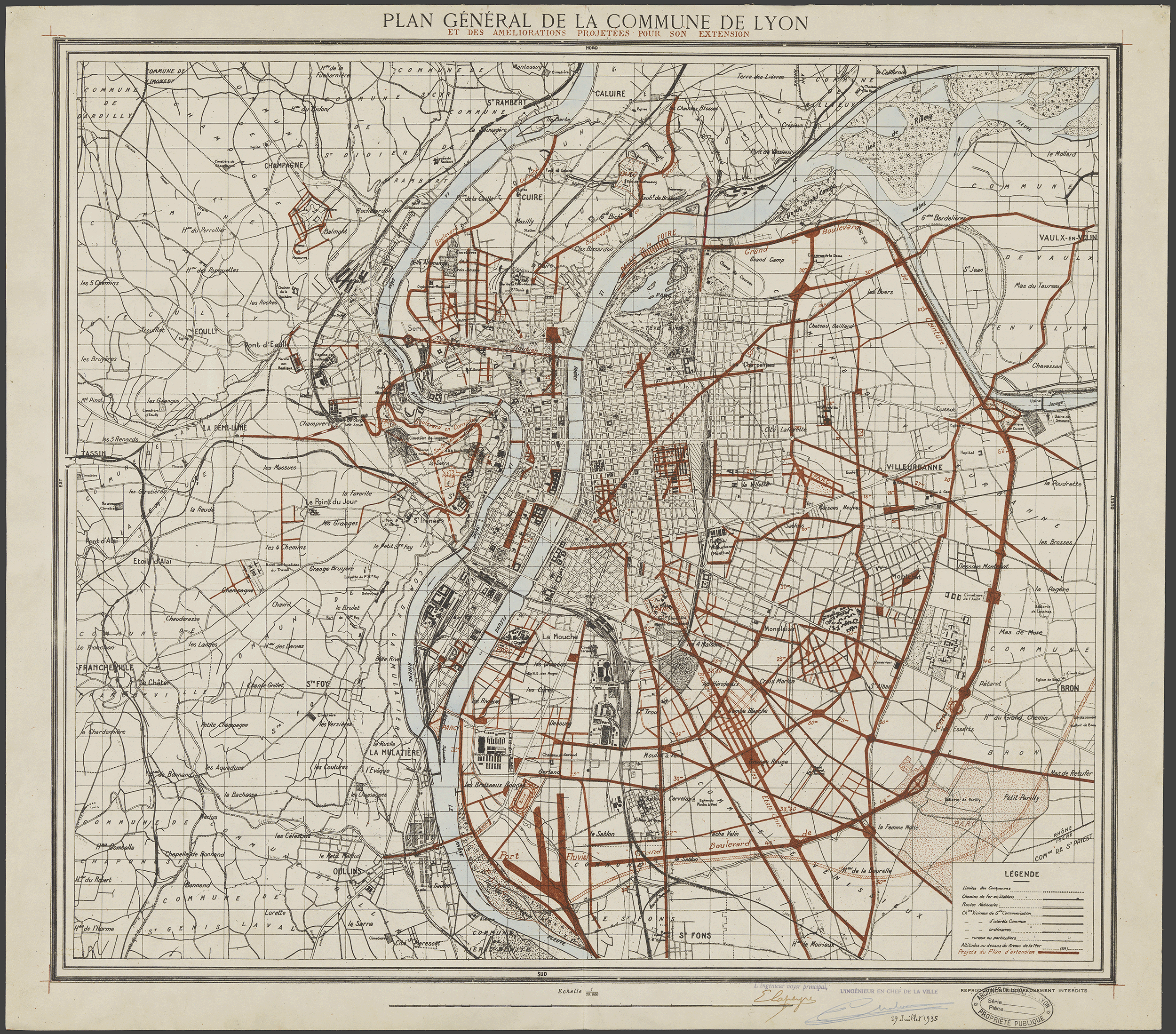 Plan général de la commune de Lyon et des améliorations projetées pour son extension, par Camille Chalumeau (1935, cote : 1541WP/157)