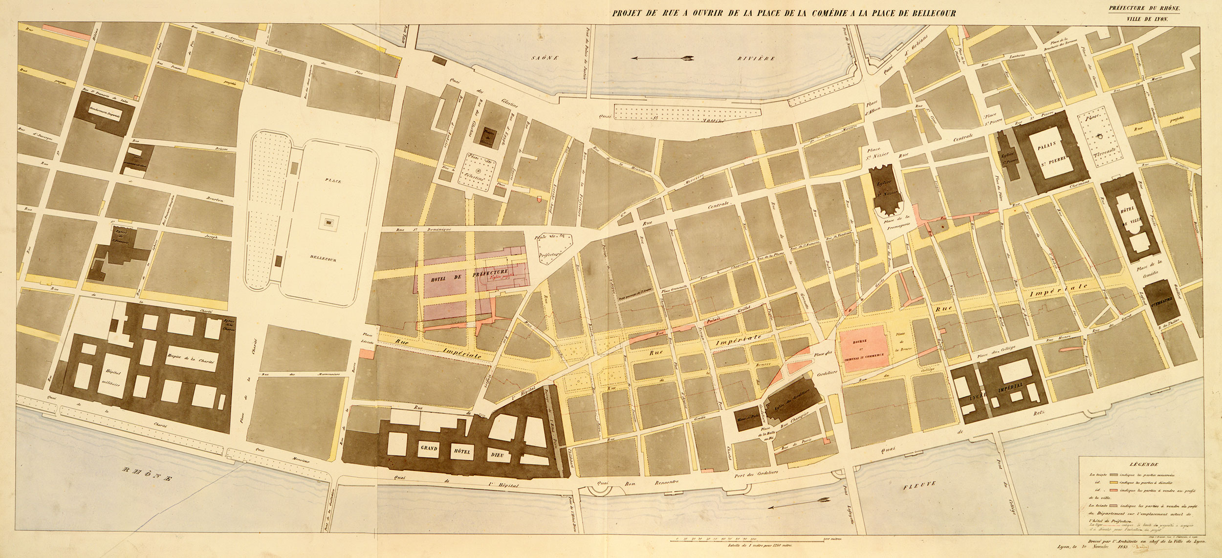 Projet de la rue à ouvrir entre les places de la Comédie et Bellecour, future rue Impériale : plan manuscrit par René Dardel (1853, cote : 1541wp/30)