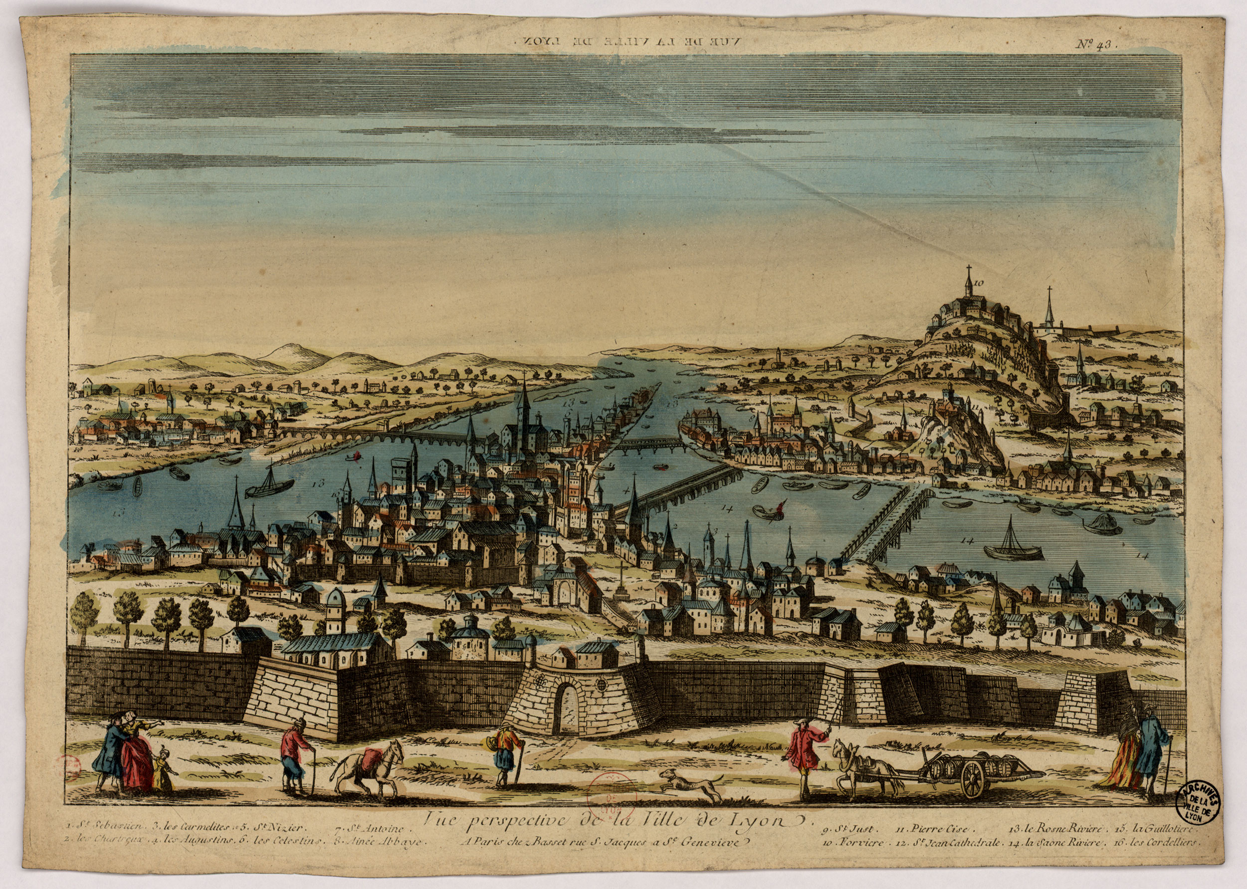 Vue de Lyon prise des hauteurs de la colline Saint-Sébastien : gravure en taille douce, rehauts d’aquarelle (XVIIe siècle, cote : 16FI/81)