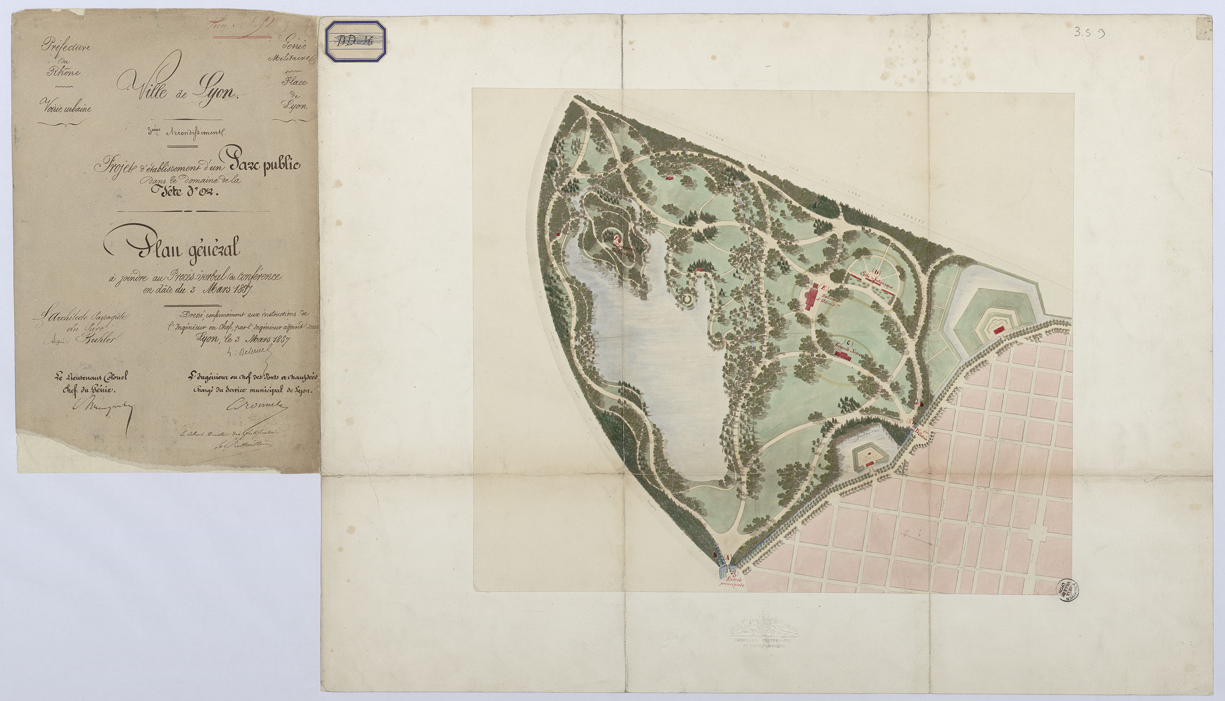 Plan de la Tête d’Or dessiné par l’architecte-paysagiste Bühler, 1856 - 3S/9