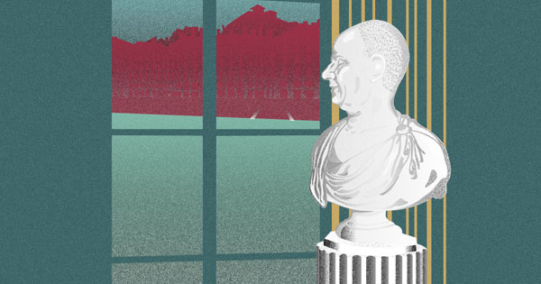 Extrait de la couverture représentant un dessin d'un buste regardant la ville de Lyon