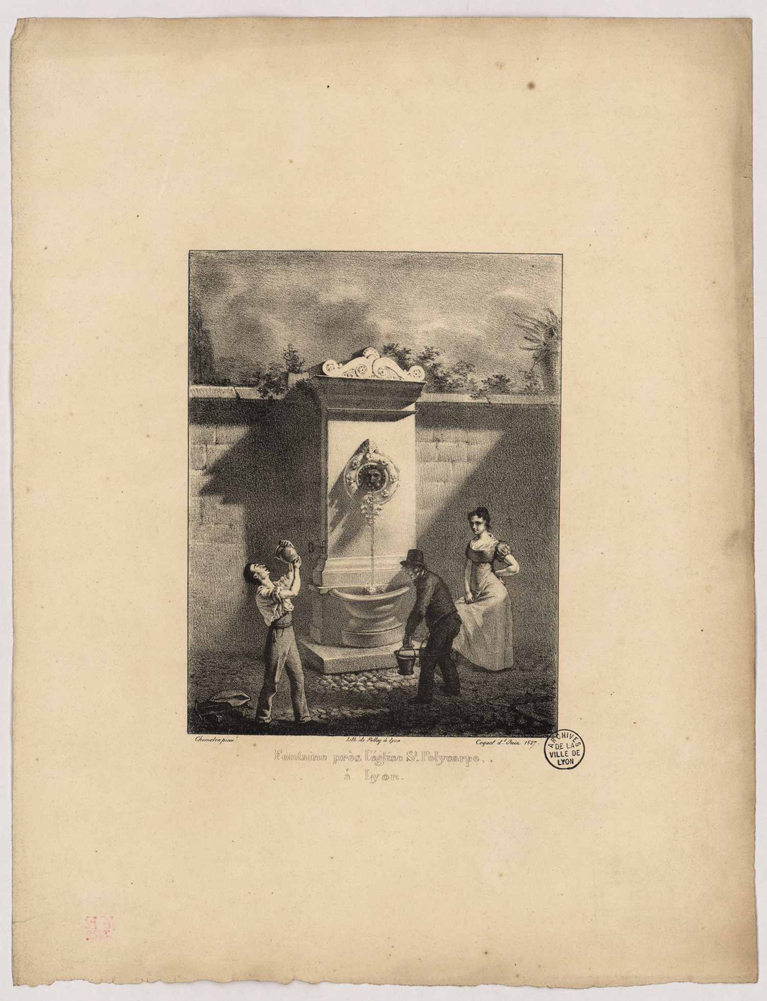 Fontaine près de l'église Saint-Polycarpe à Lyon : lithographie NB (1827, cote : 16FI/362)