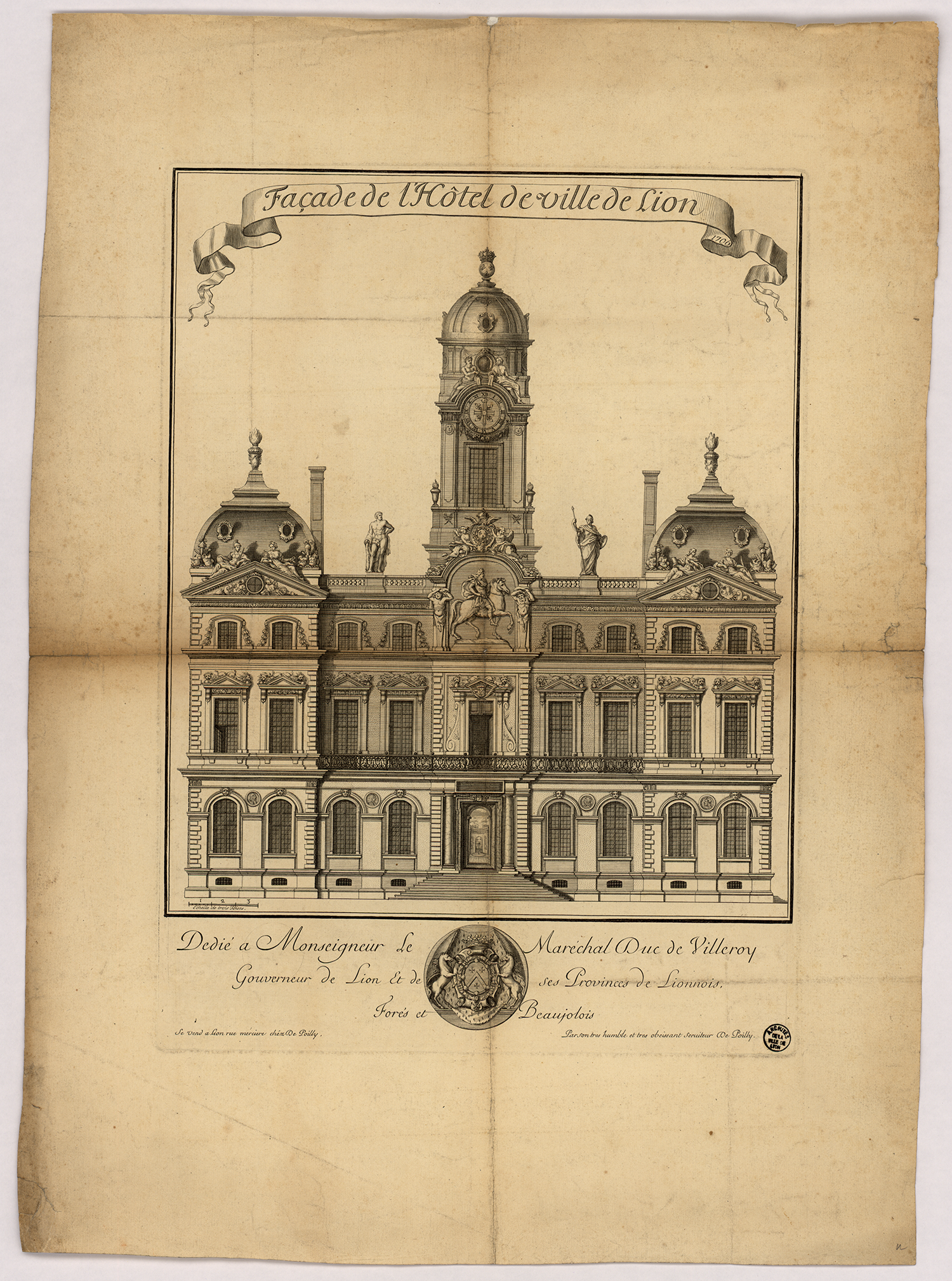 Façade de l'Hôtel de Ville de Lyon, élévation : estampe NB par de Poilly (1706, cote : 16FI/166)