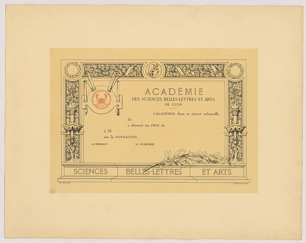 Diplôme de prix de fondation décerné par l’Académie des sciences, belles-lettres et arts de Lyon : gravure en taille-douce NB de Tony Tollet, académicien (sans date, cote : 16FI/320)